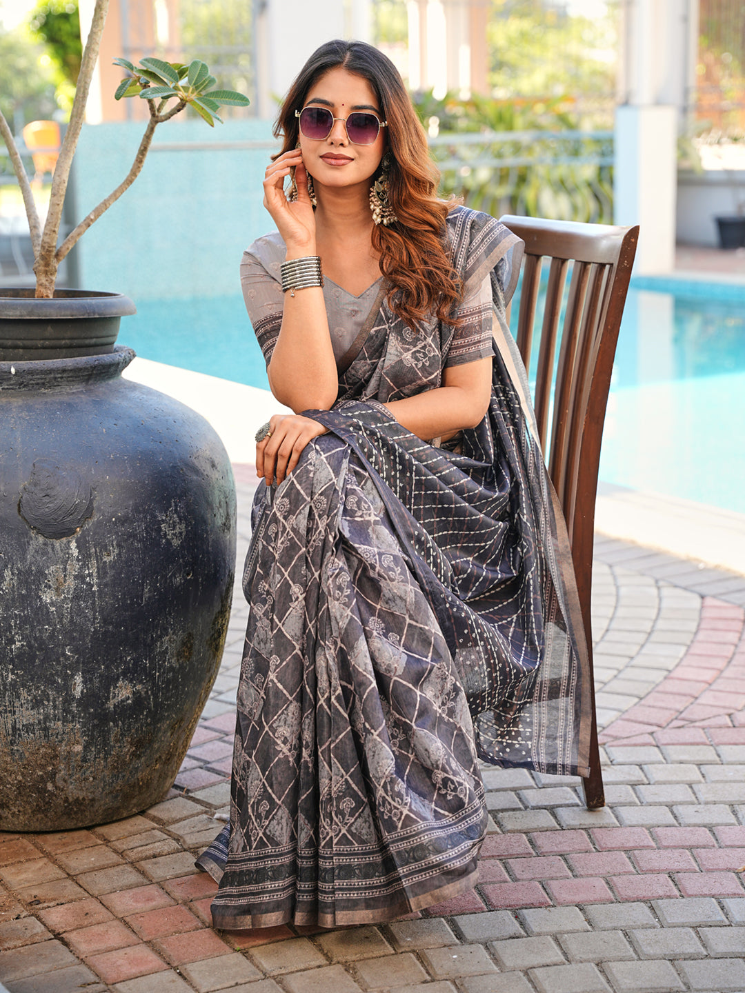 Ready to wear grey colored batik print saree