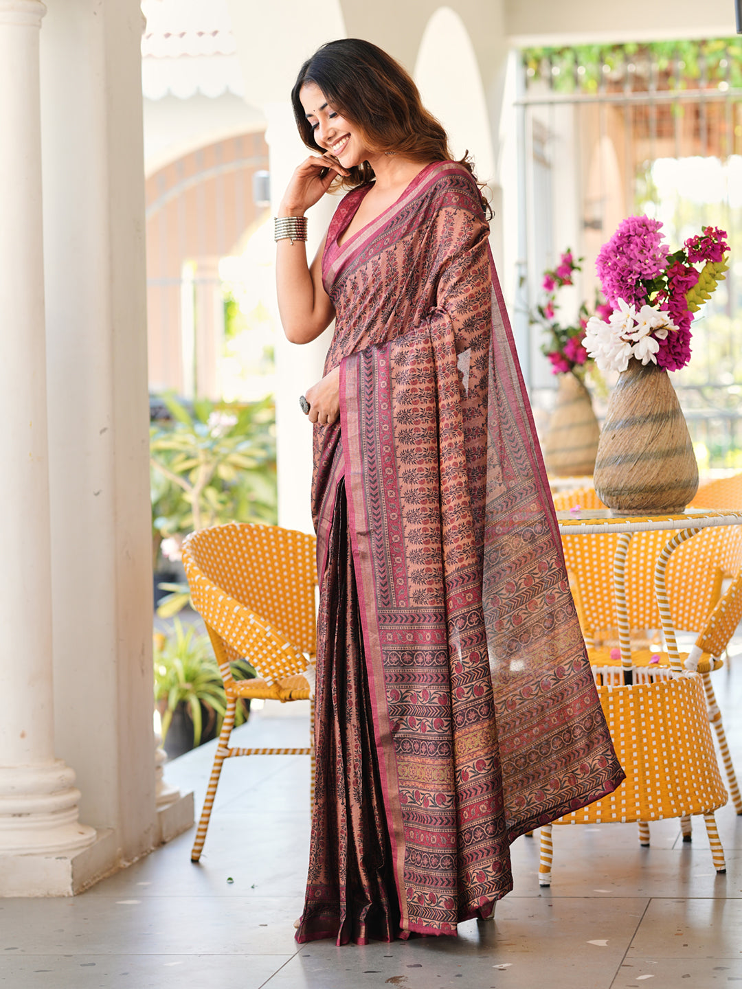 Ready to wear metallic brown colored ajrak print saree