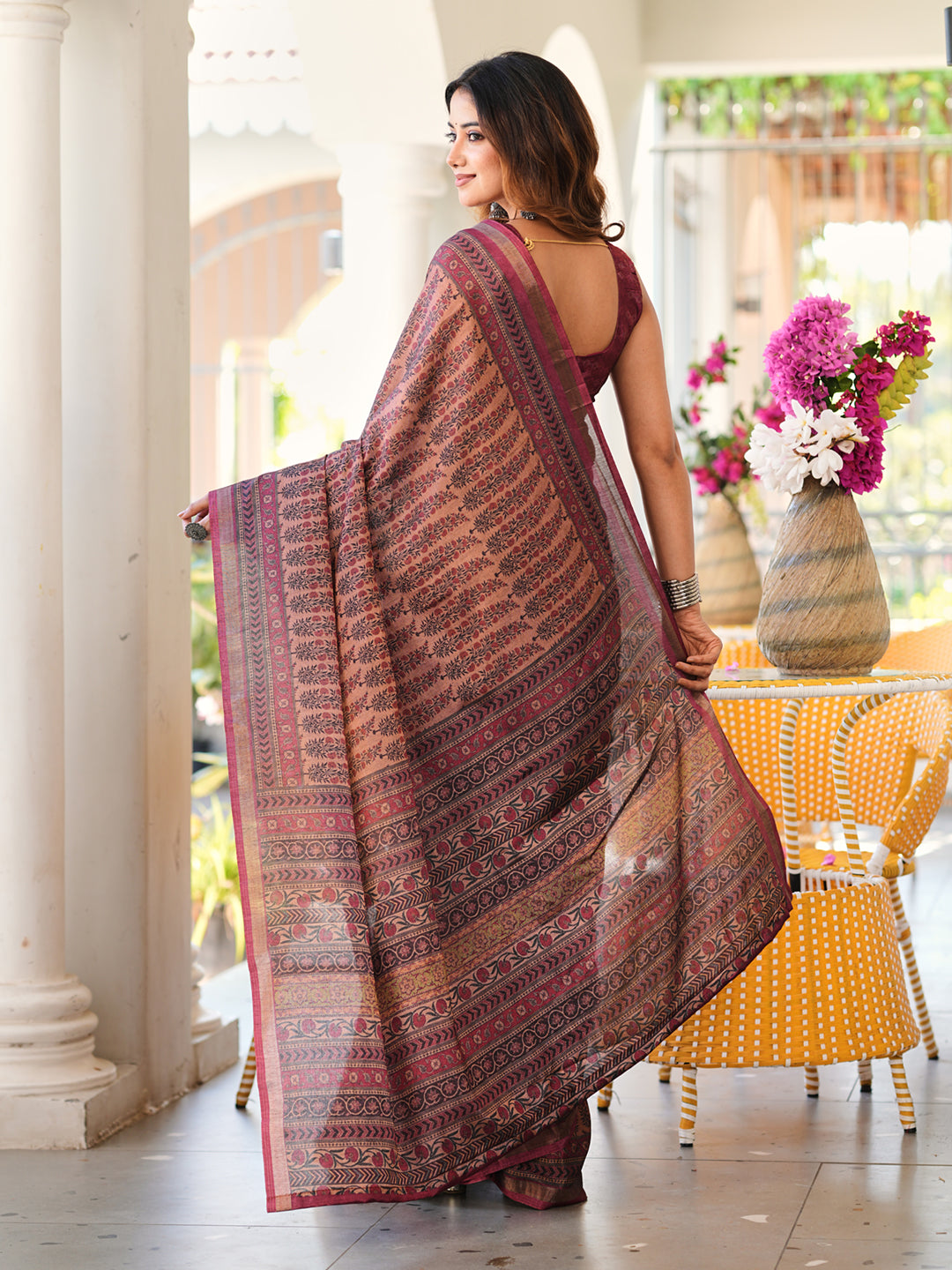 Ready to wear metallic brown colored ajrak print saree