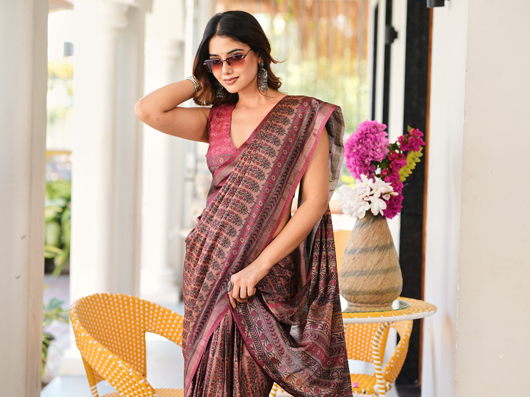 Ready to wear metallic brown colored ajrak print saree
