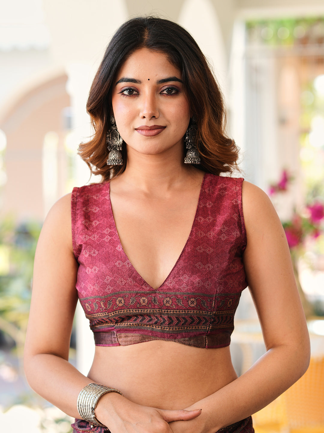 Ready to wear metallic brown colored ajrak print saree
