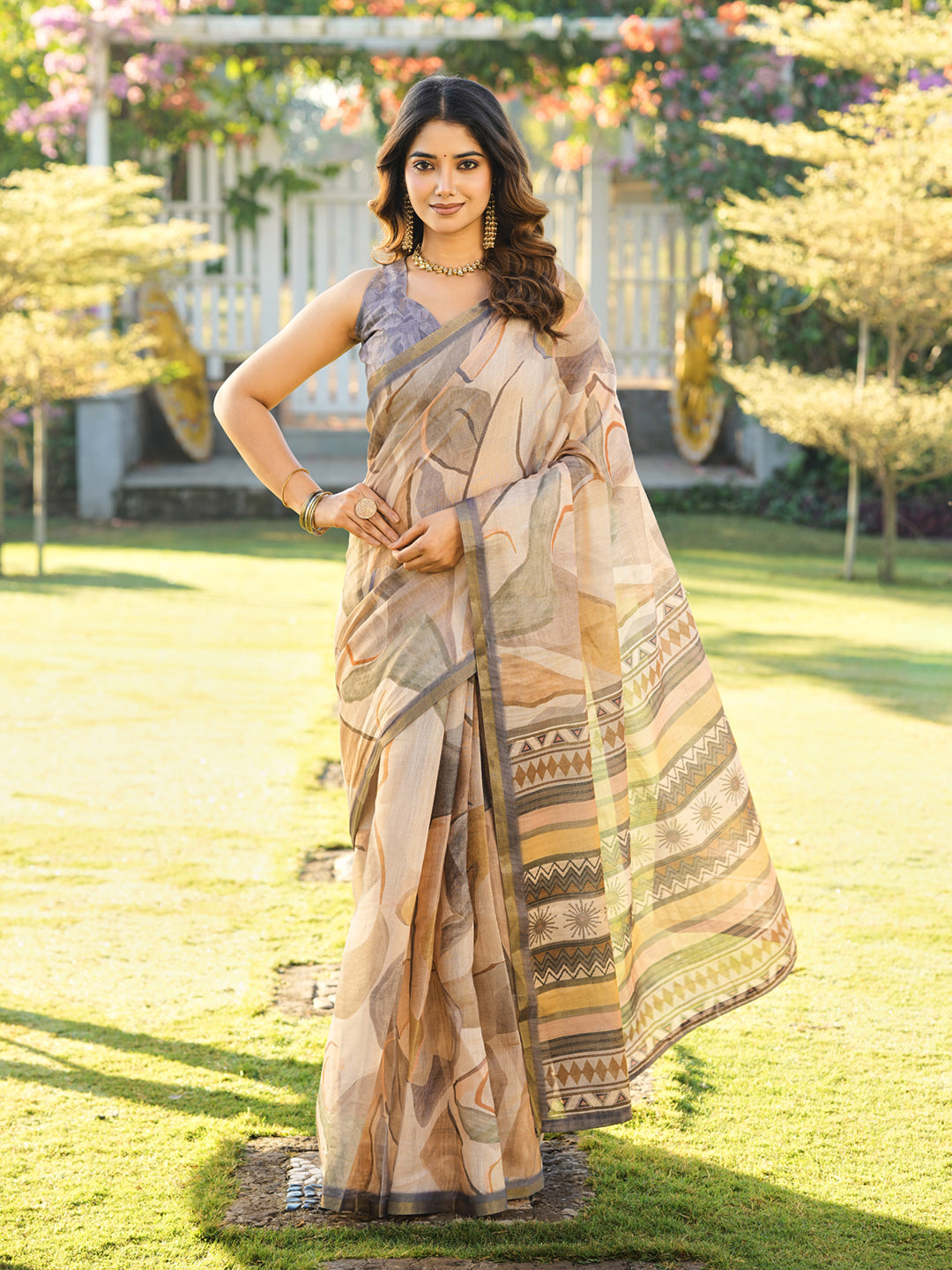 Ready to wear abstract print polycotton shimmer saree