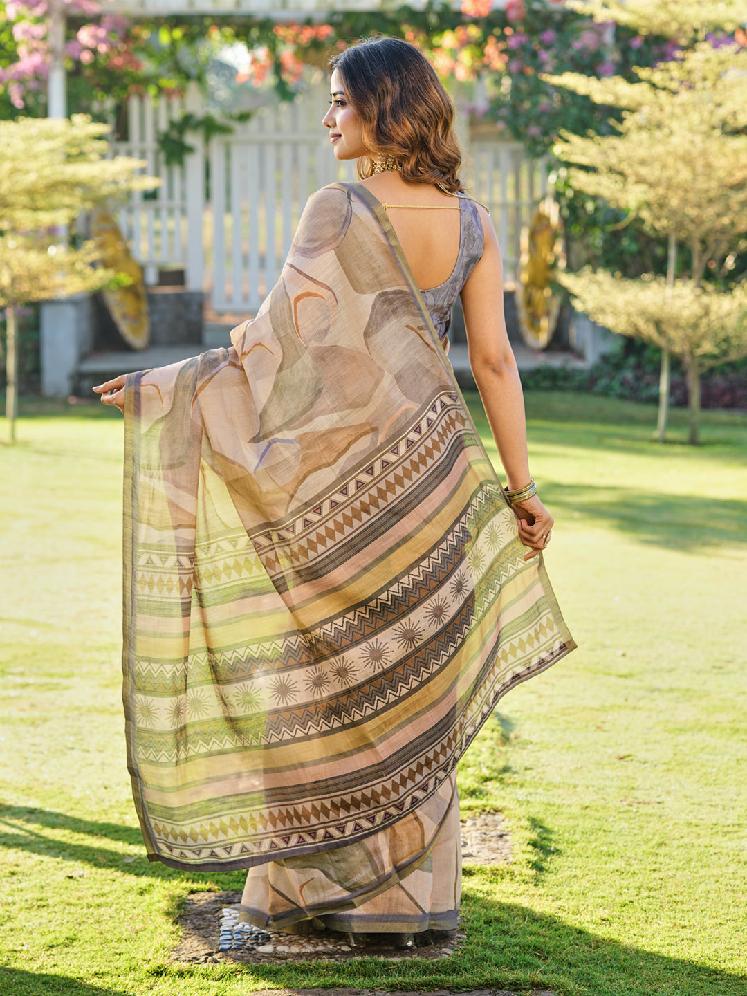 Ready to wear abstract print polycotton shimmer saree