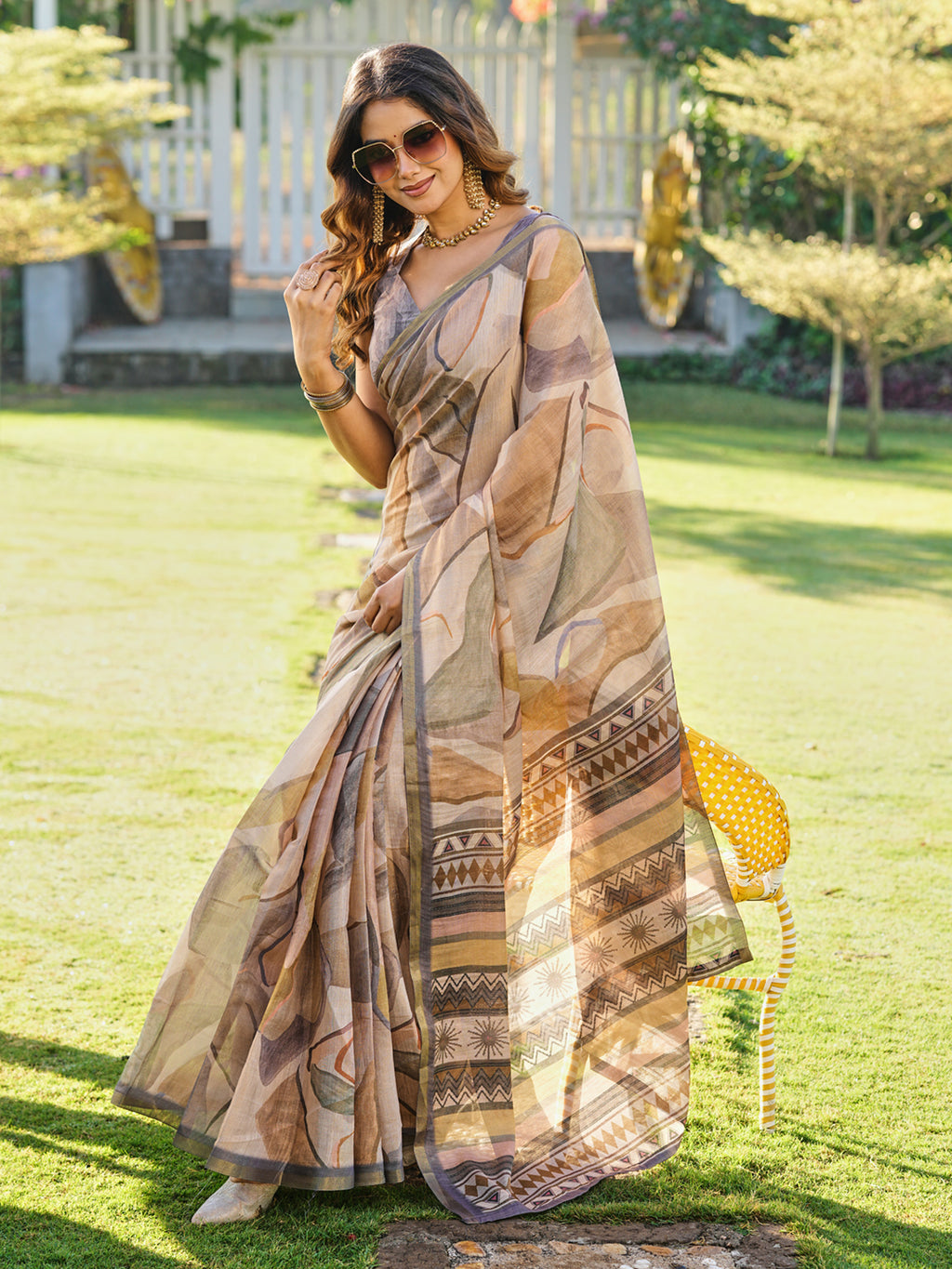 Ready to wear abstract print polycotton shimmer saree
