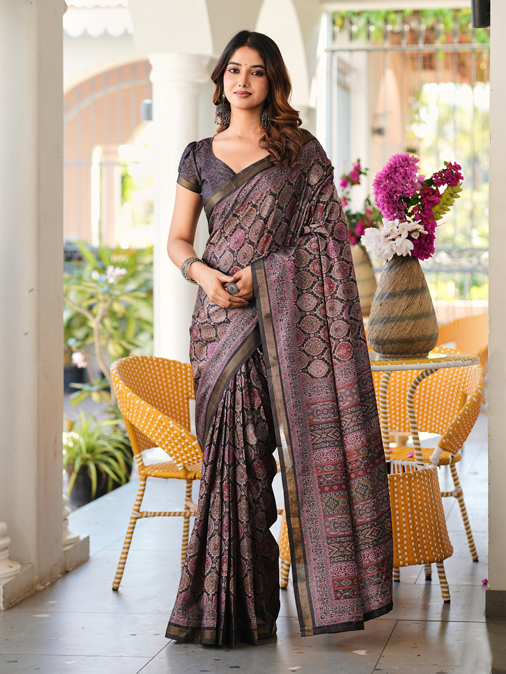 Ready to wear multicolred ajrak printed poly cotton saree