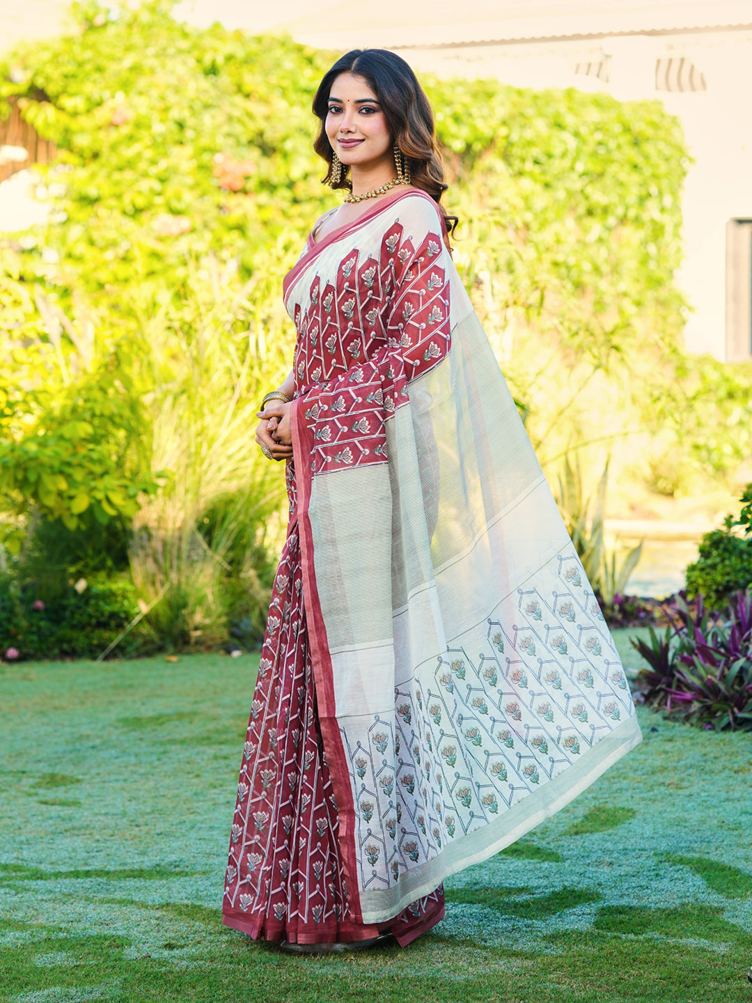 Ready to wear maroon colored floral printed poly cotton saree