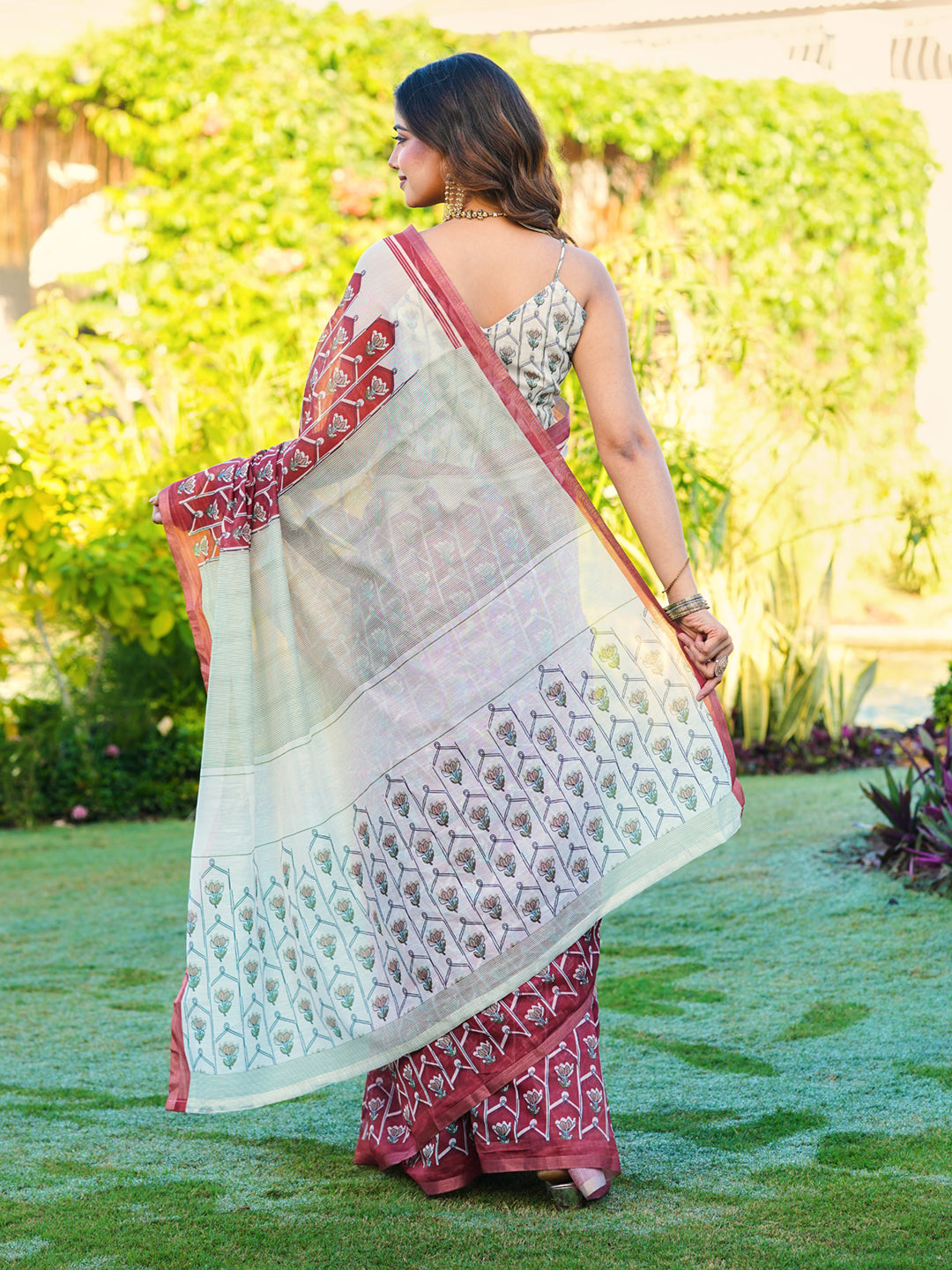 Ready to wear maroon colored floral printed poly cotton saree