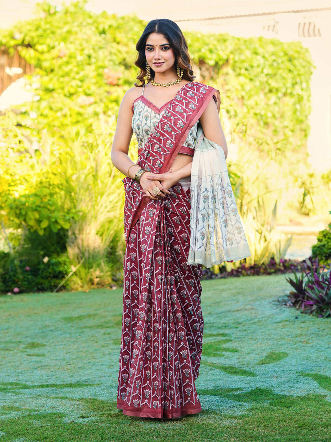Ready to wear maroon colored floral printed poly cotton saree