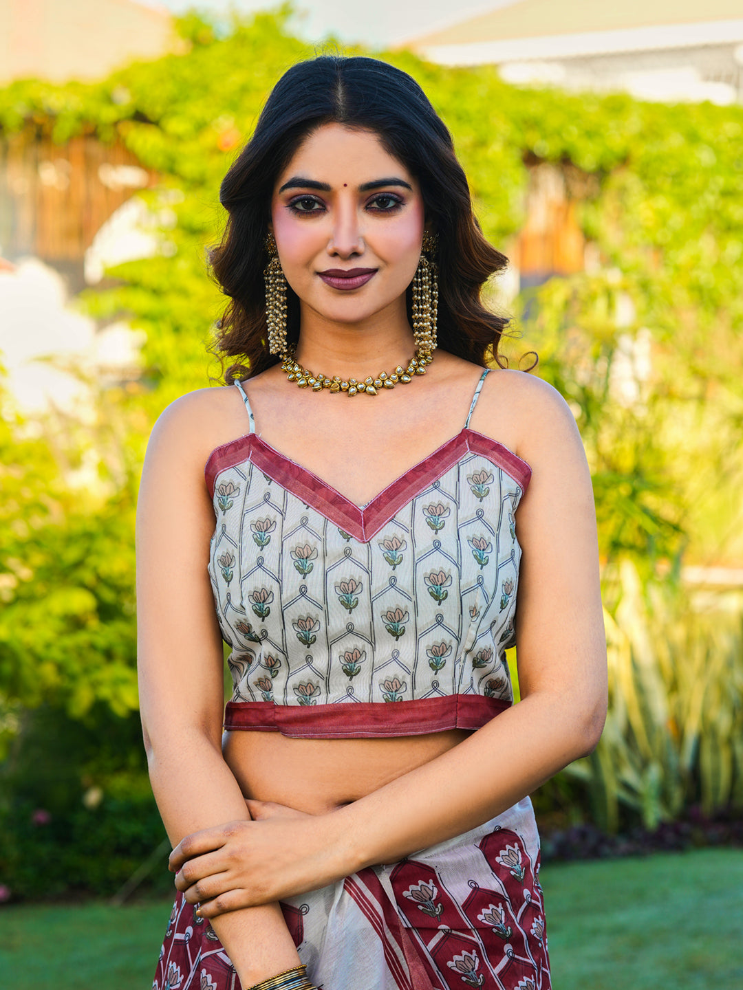Ready to wear maroon colored floral printed poly cotton saree