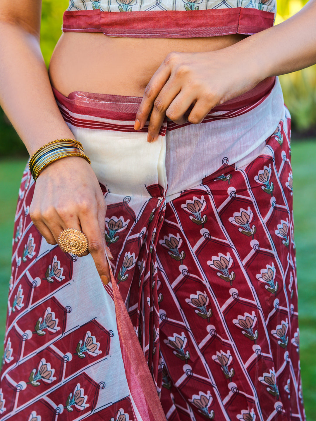 Ready to wear maroon colored floral printed poly cotton saree