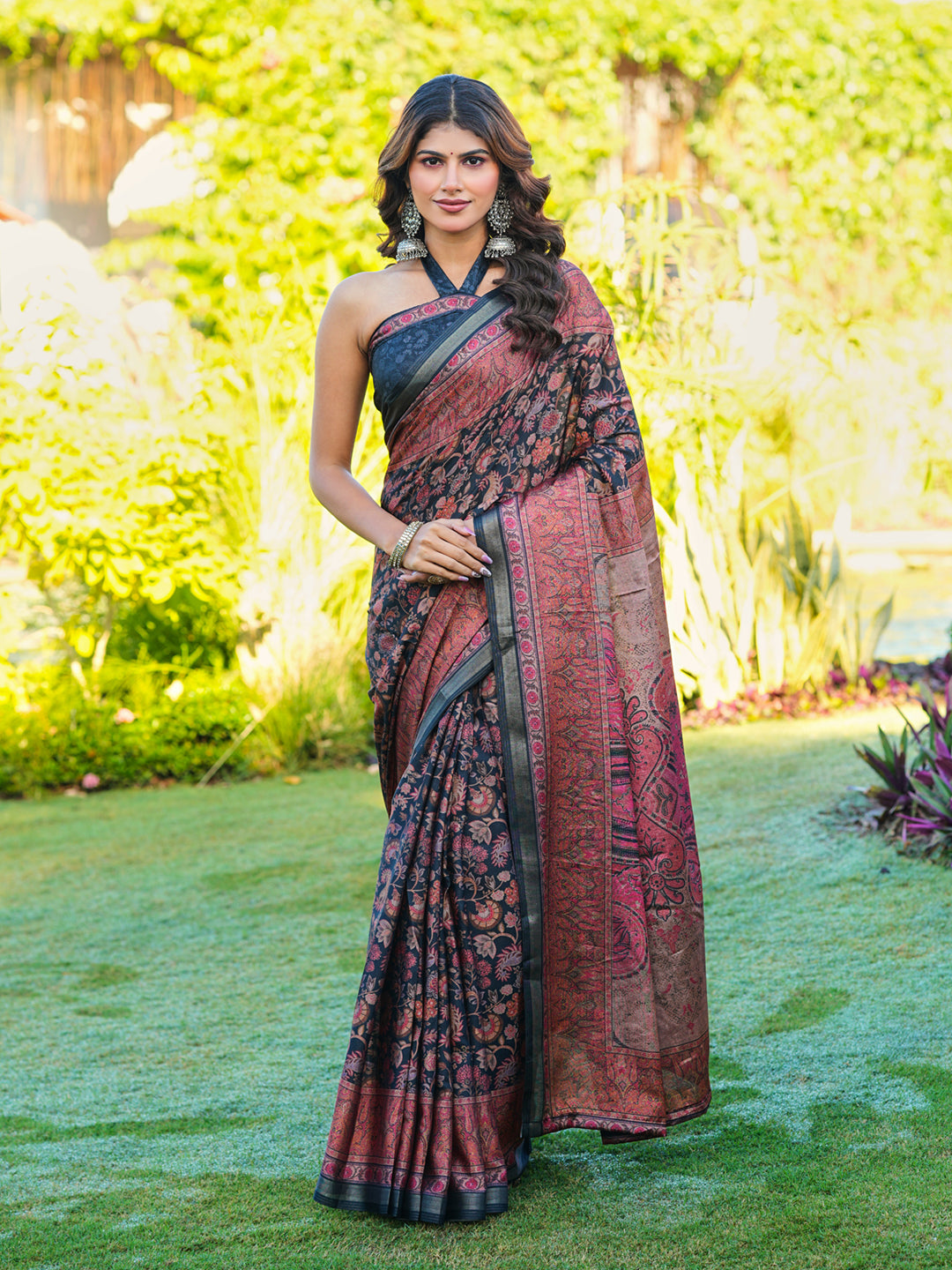 Ready to wear multicolred ajrak printed poly cotton saree