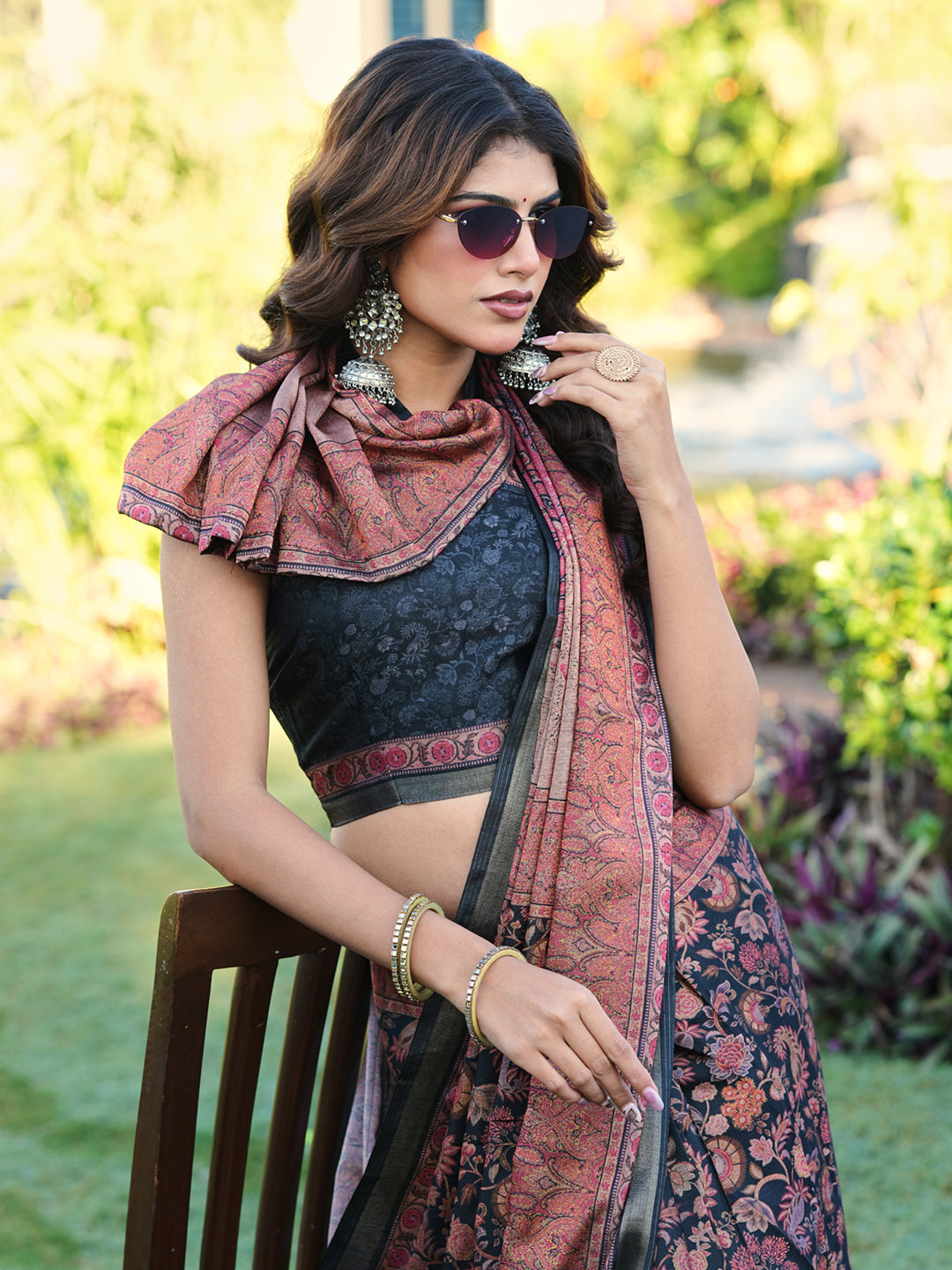 Ready to wear multicolred ajrak printed poly cotton saree