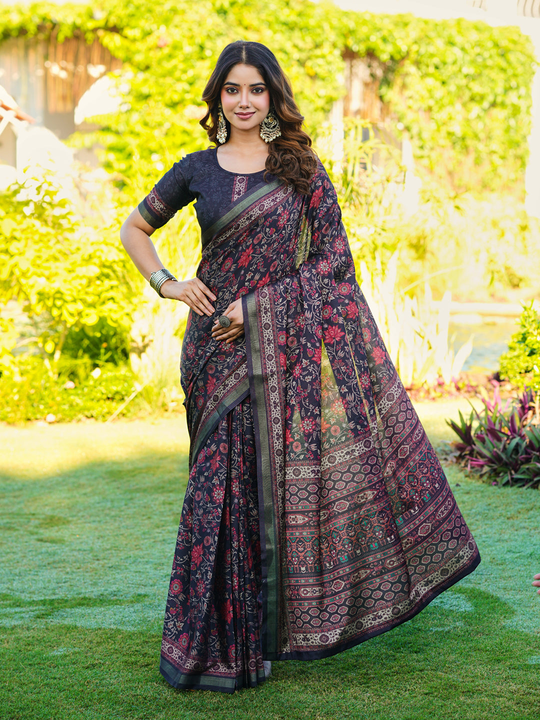Ready to wear multicolred ajrak printed poly cotton saree