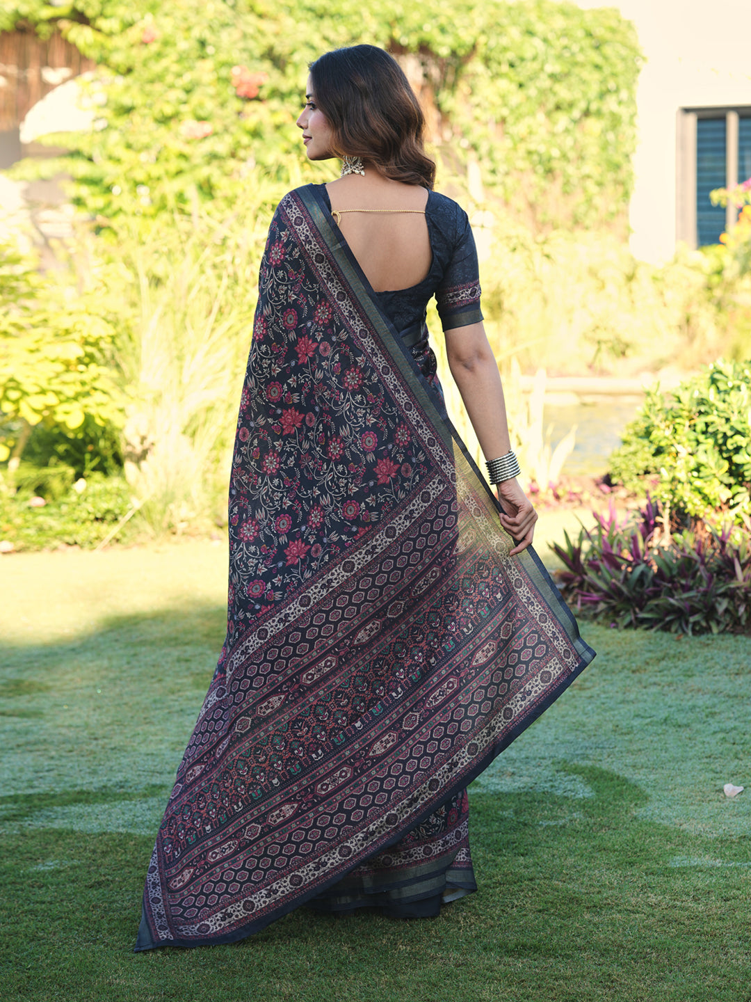 Ready to wear multicolred ajrak printed poly cotton saree