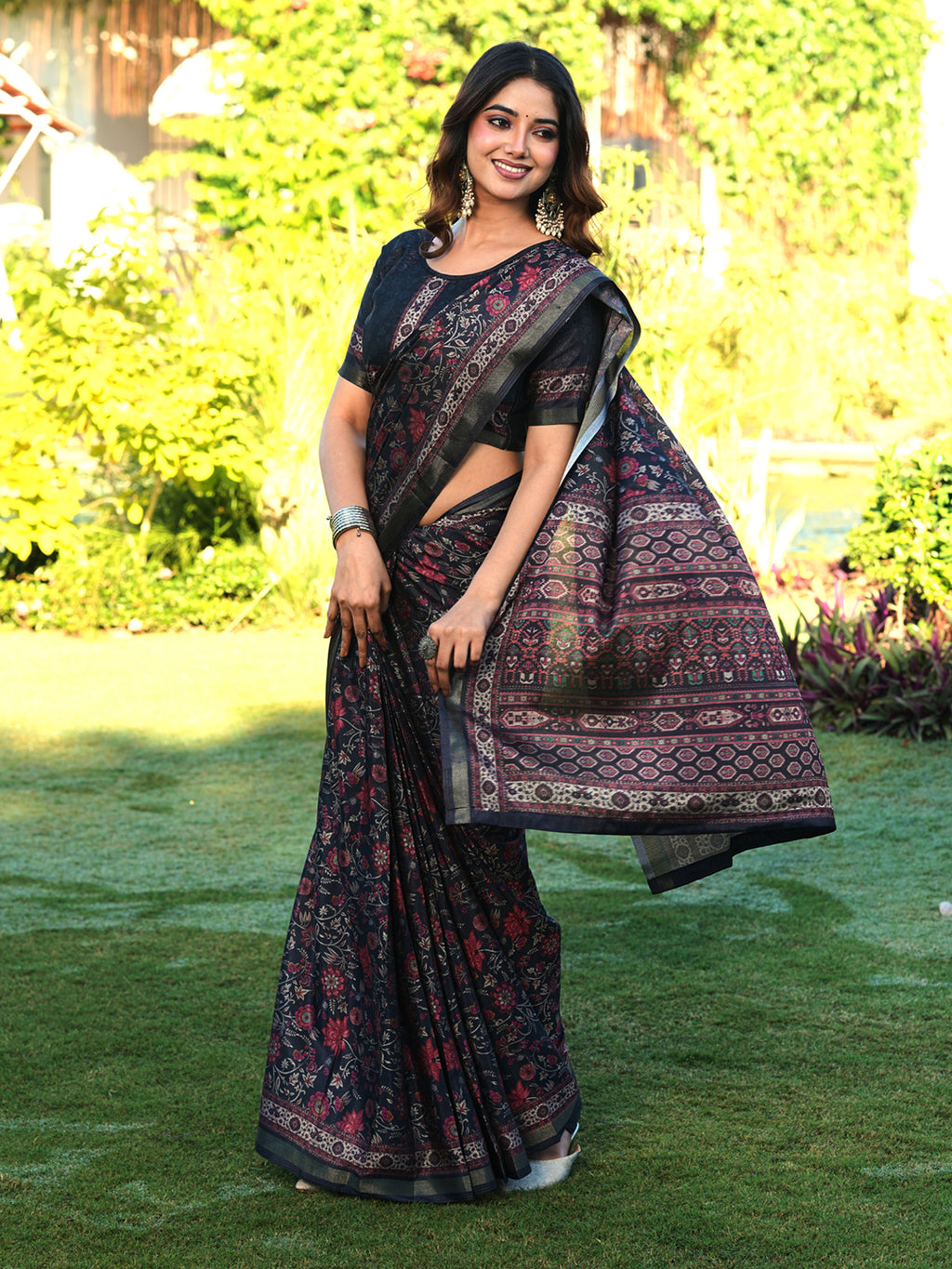 Ready to wear multicolred ajrak printed poly cotton saree