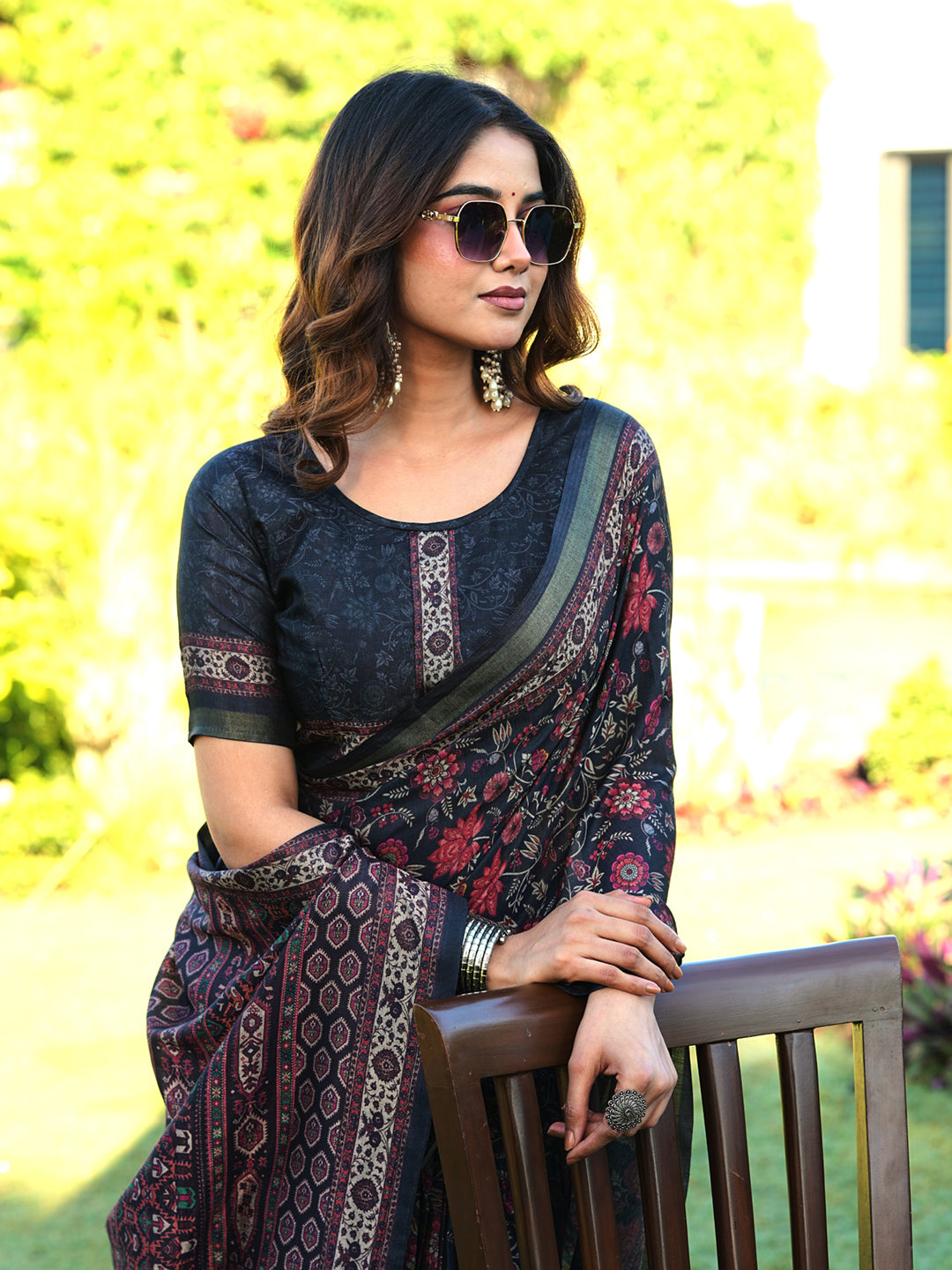 Ready to wear multicolred ajrak printed poly cotton saree