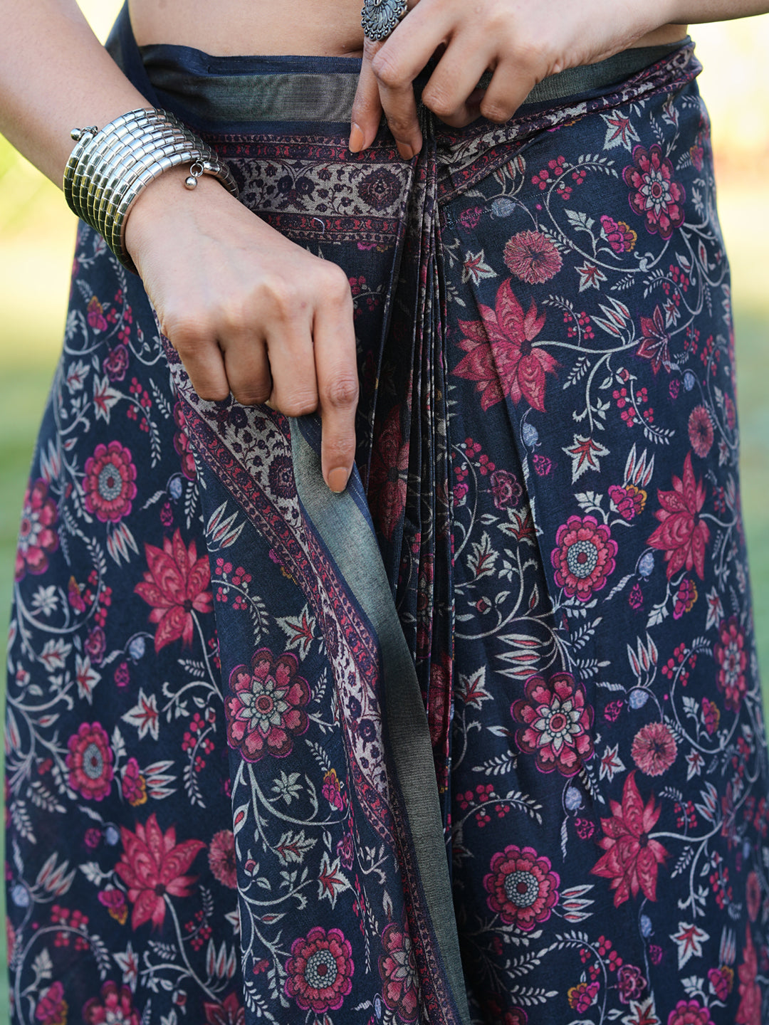 Ready to wear multicolred ajrak printed poly cotton saree