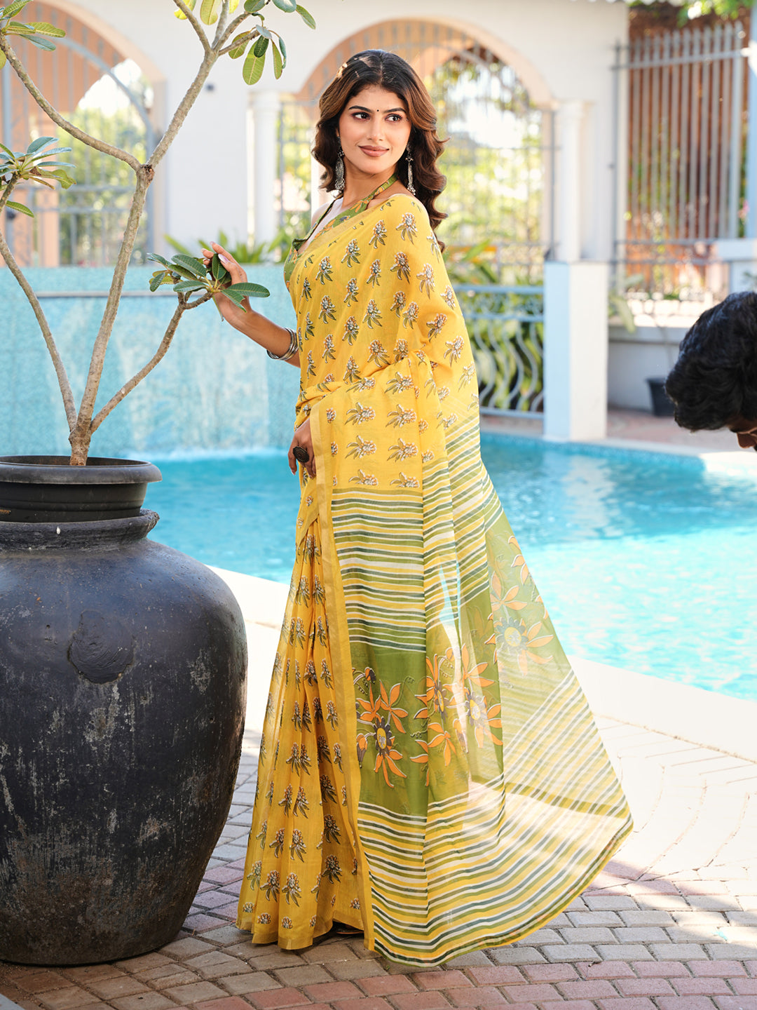 Ready to wear yellow and green colored poly cotton saree