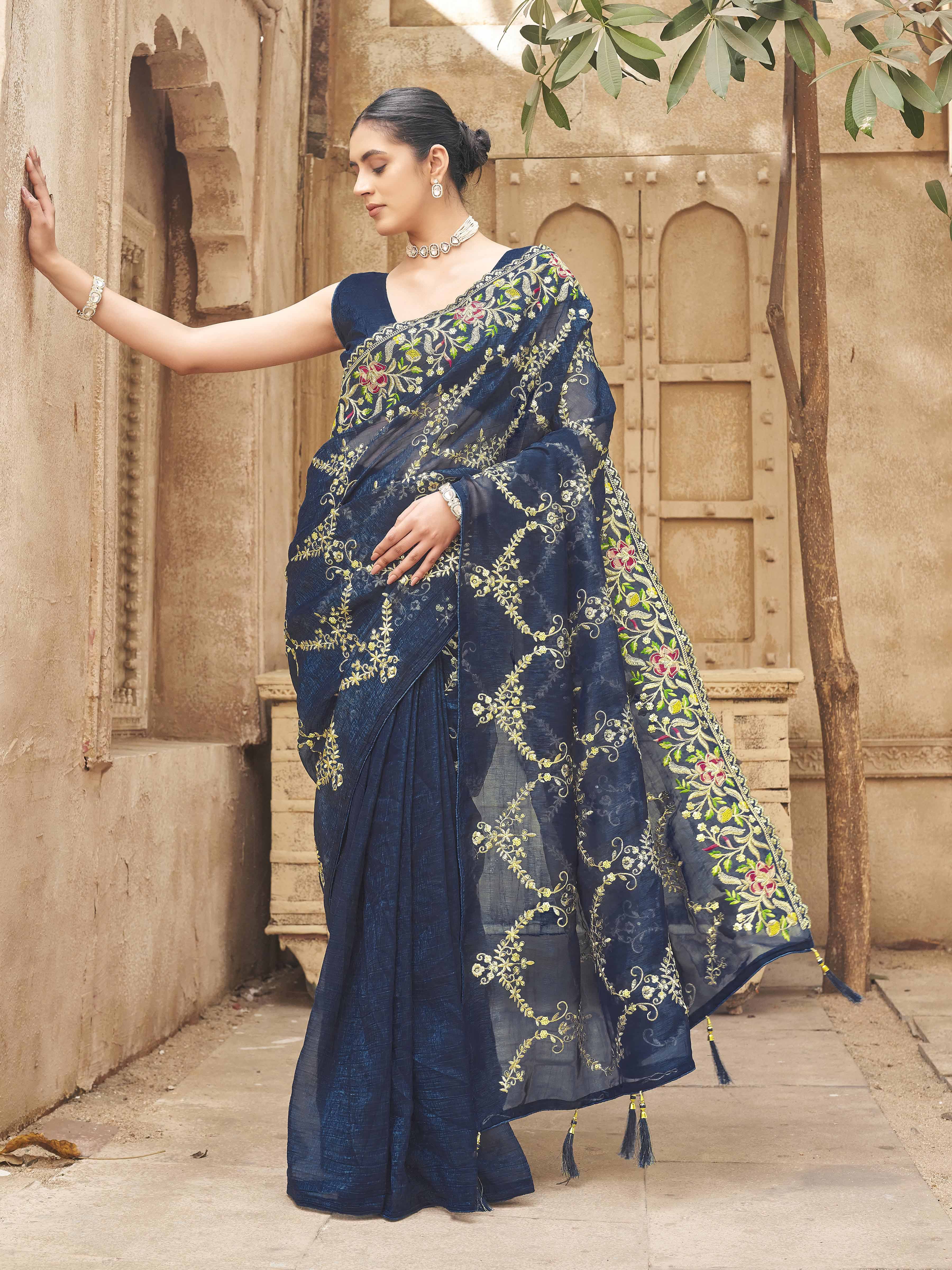 Two tone blue and firozi colored designer saree with sequin embroidery on pallu