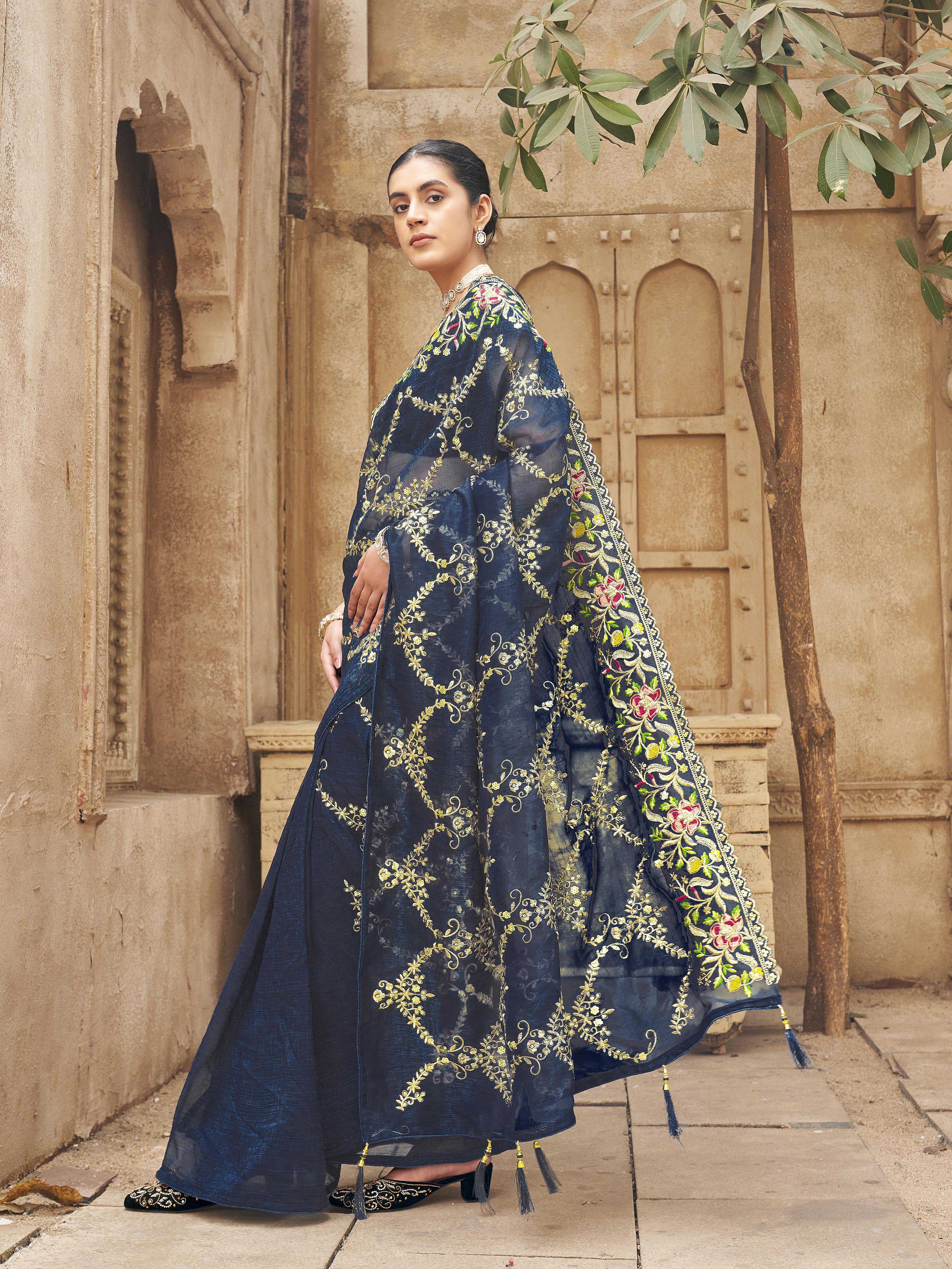 Two tone blue and firozi colored designer saree with sequin embroidery on pallu