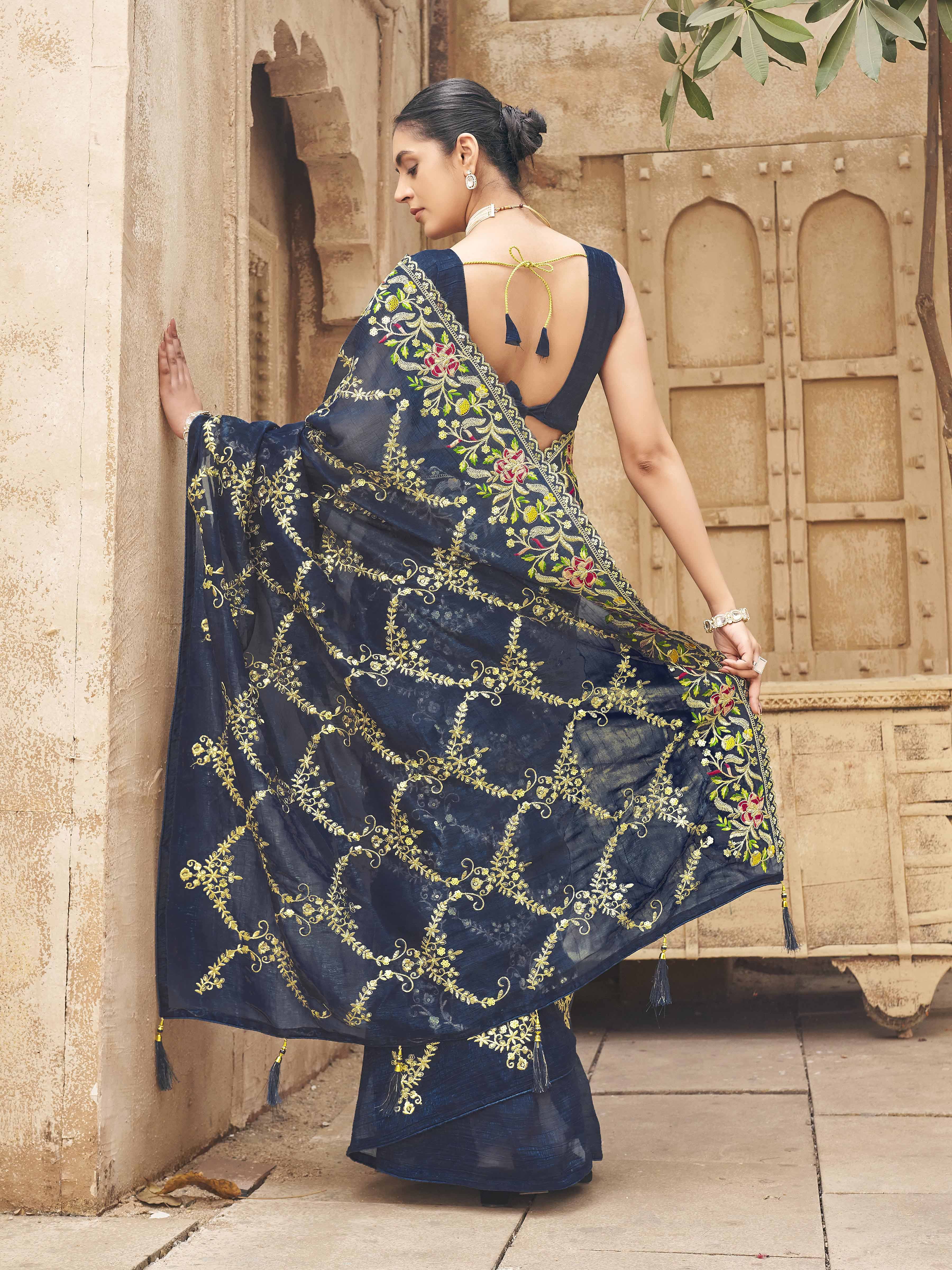 Two tone blue and firozi colored designer saree with sequin embroidery on pallu