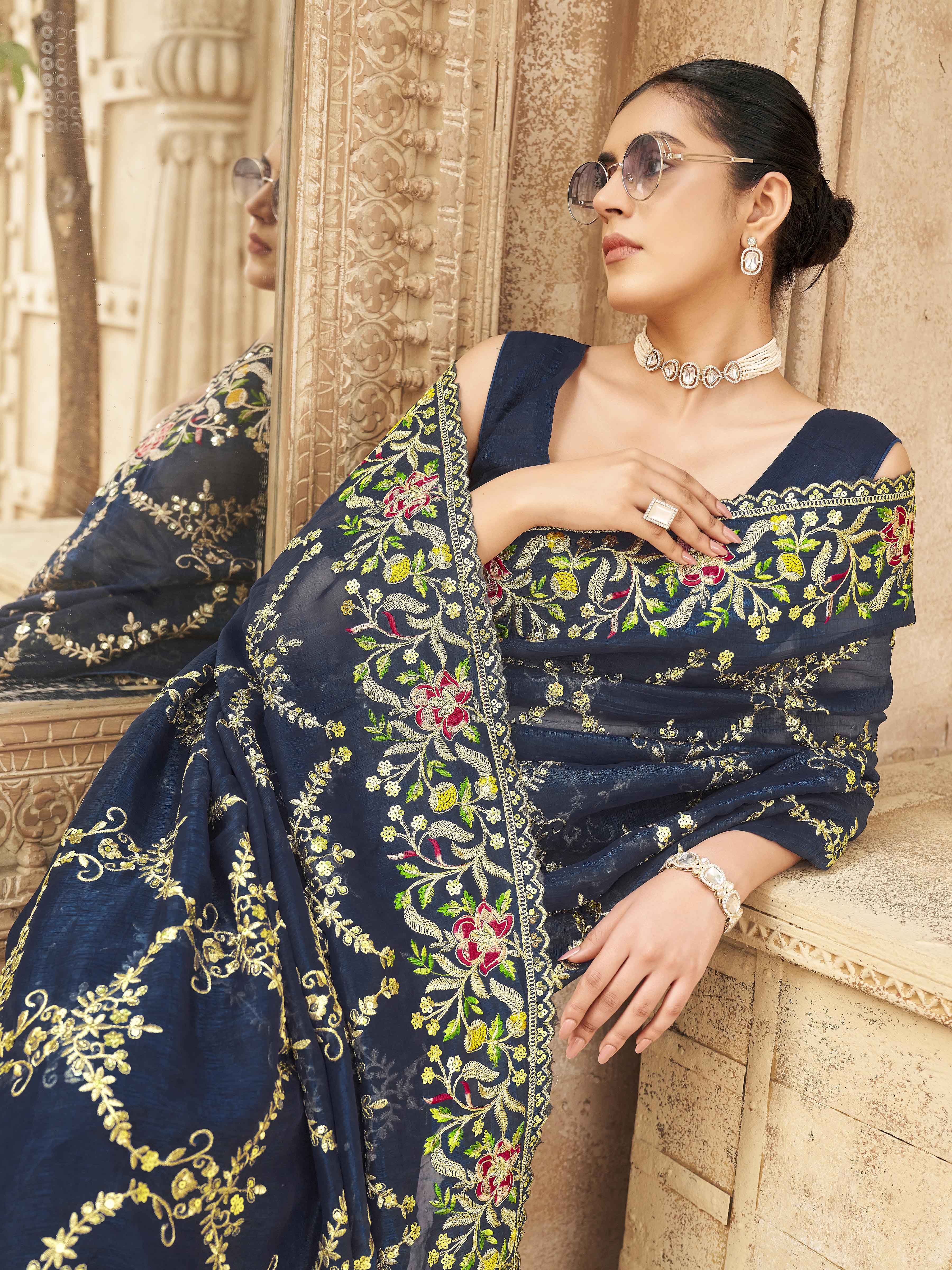 Two tone blue and firozi colored designer saree with sequin embroidery on pallu