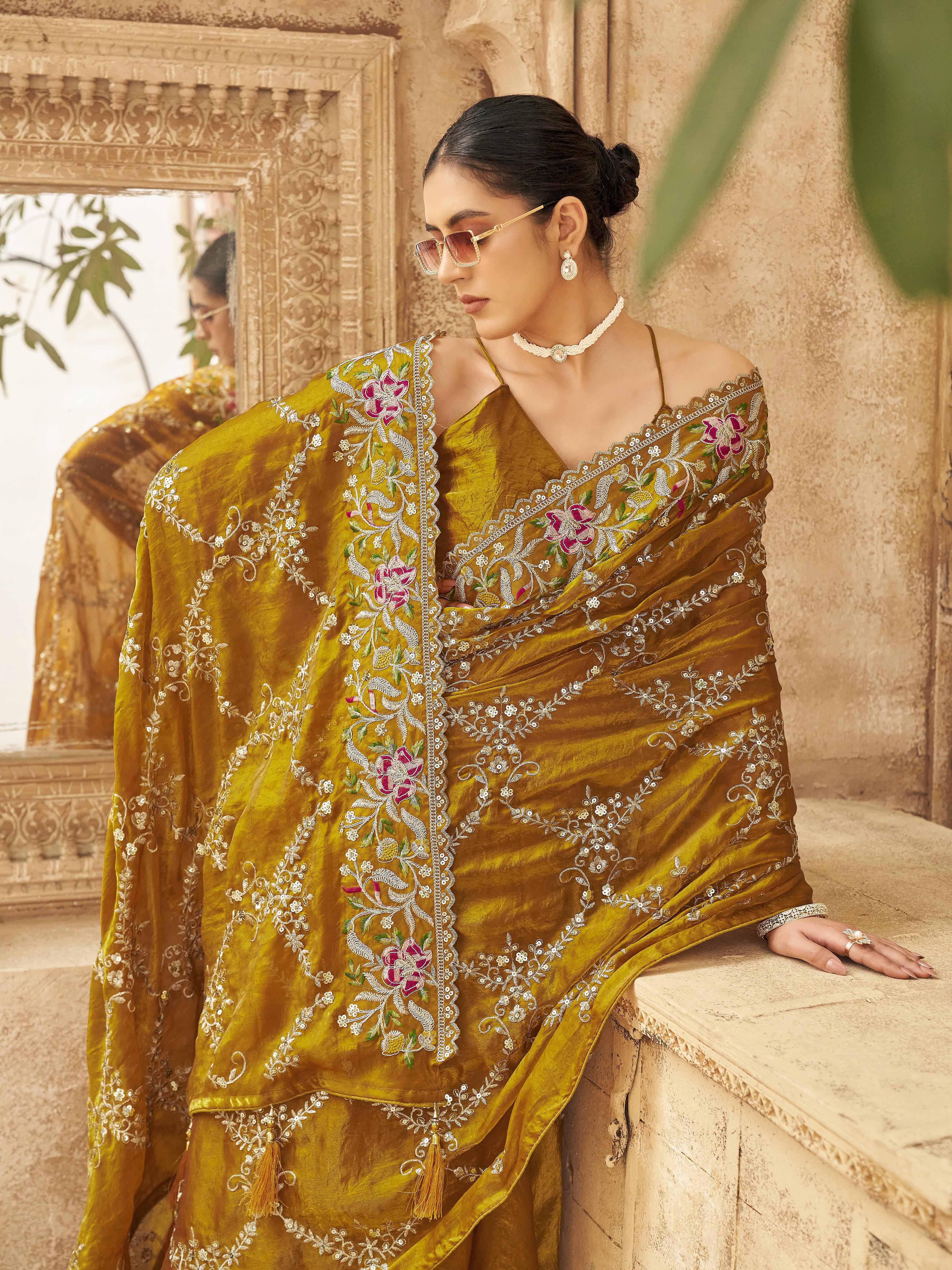 Two tone yellow and gold colored satin designer saree with sequin embroidery on pallu