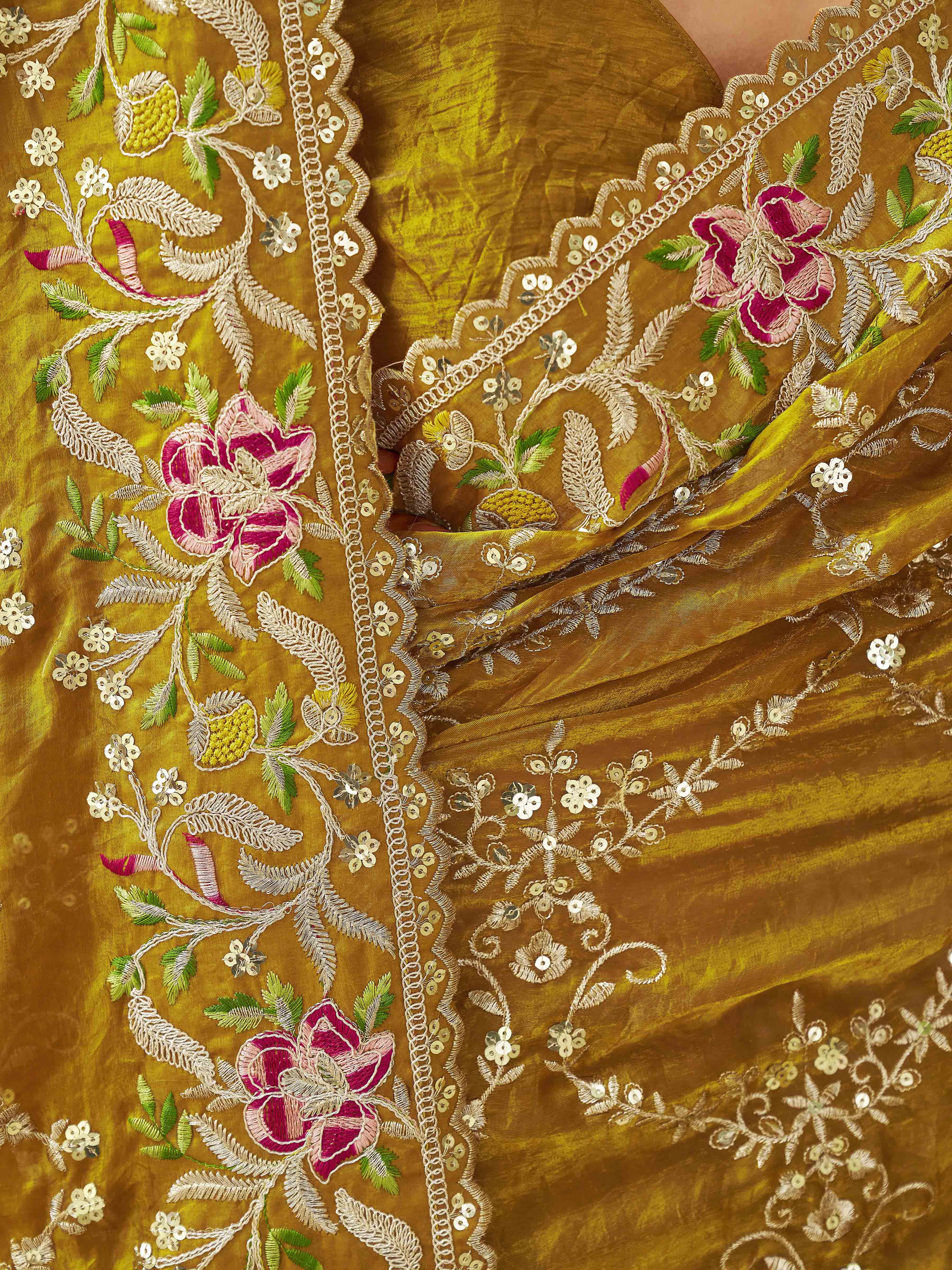 Two tone yellow and gold colored satin designer saree with sequin embroidery on pallu