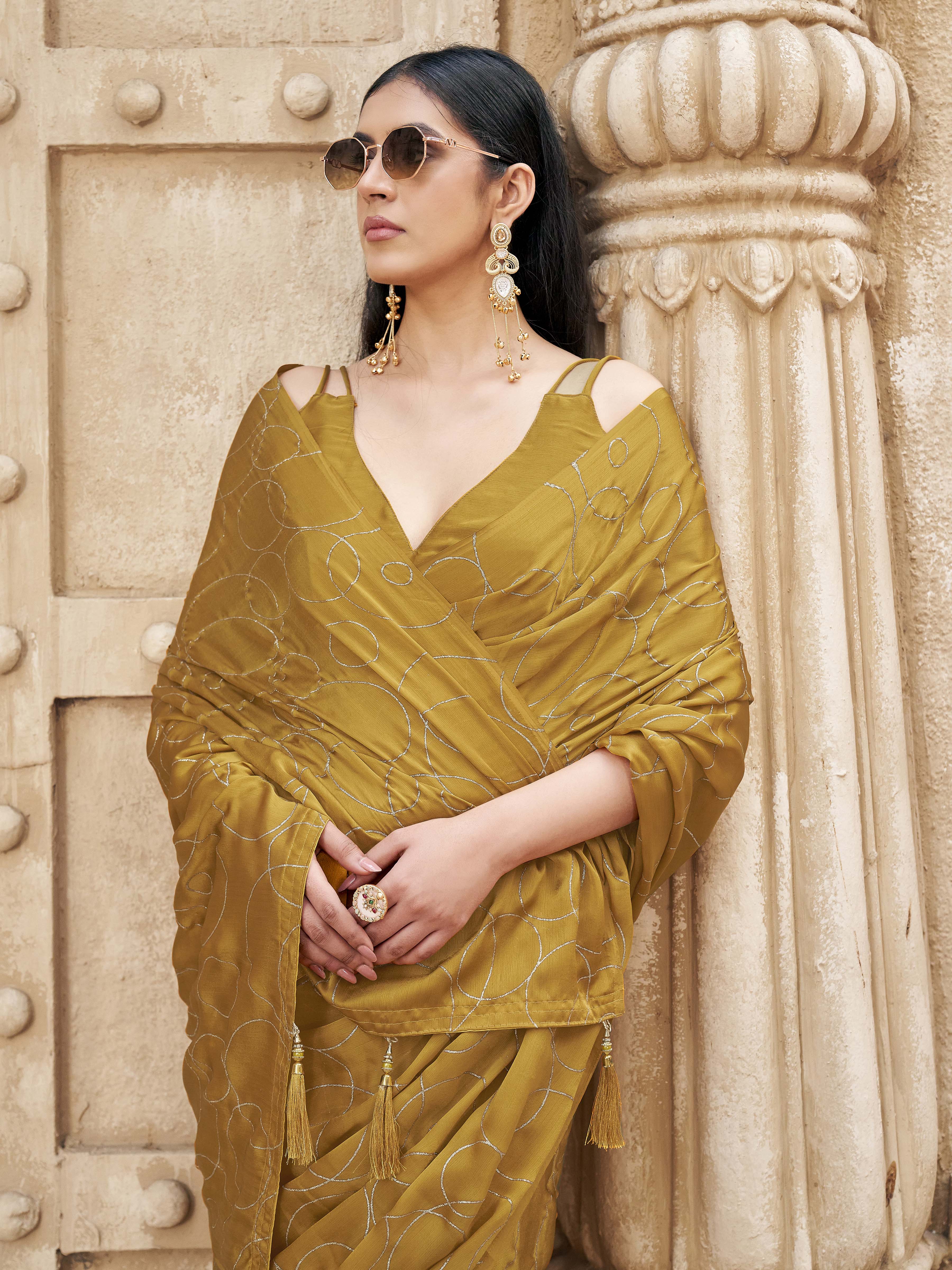 Ready to wear mustard colored satin saree with foil embellishment