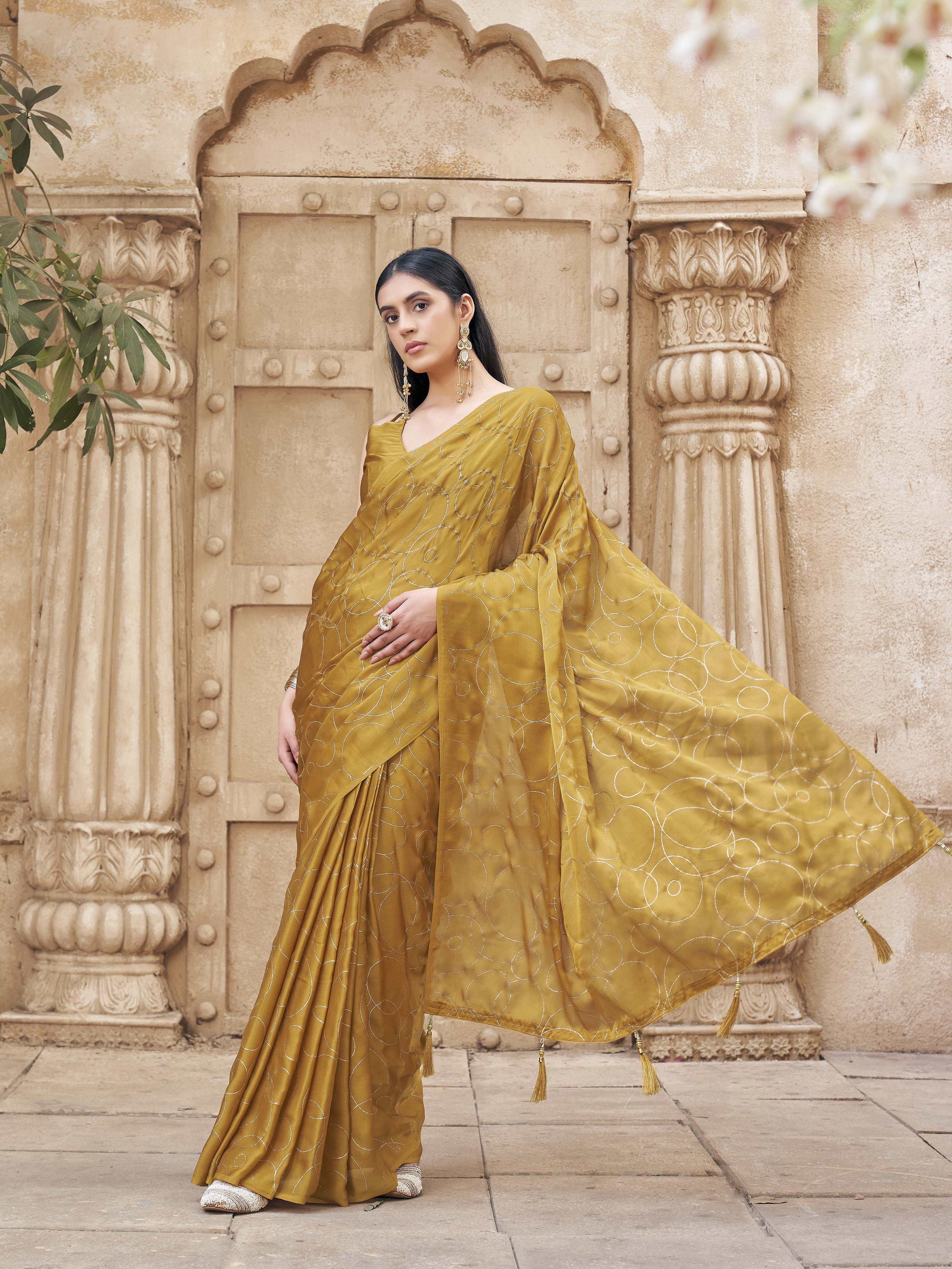 Ready to wear mustard colored satin saree with foil embellishment