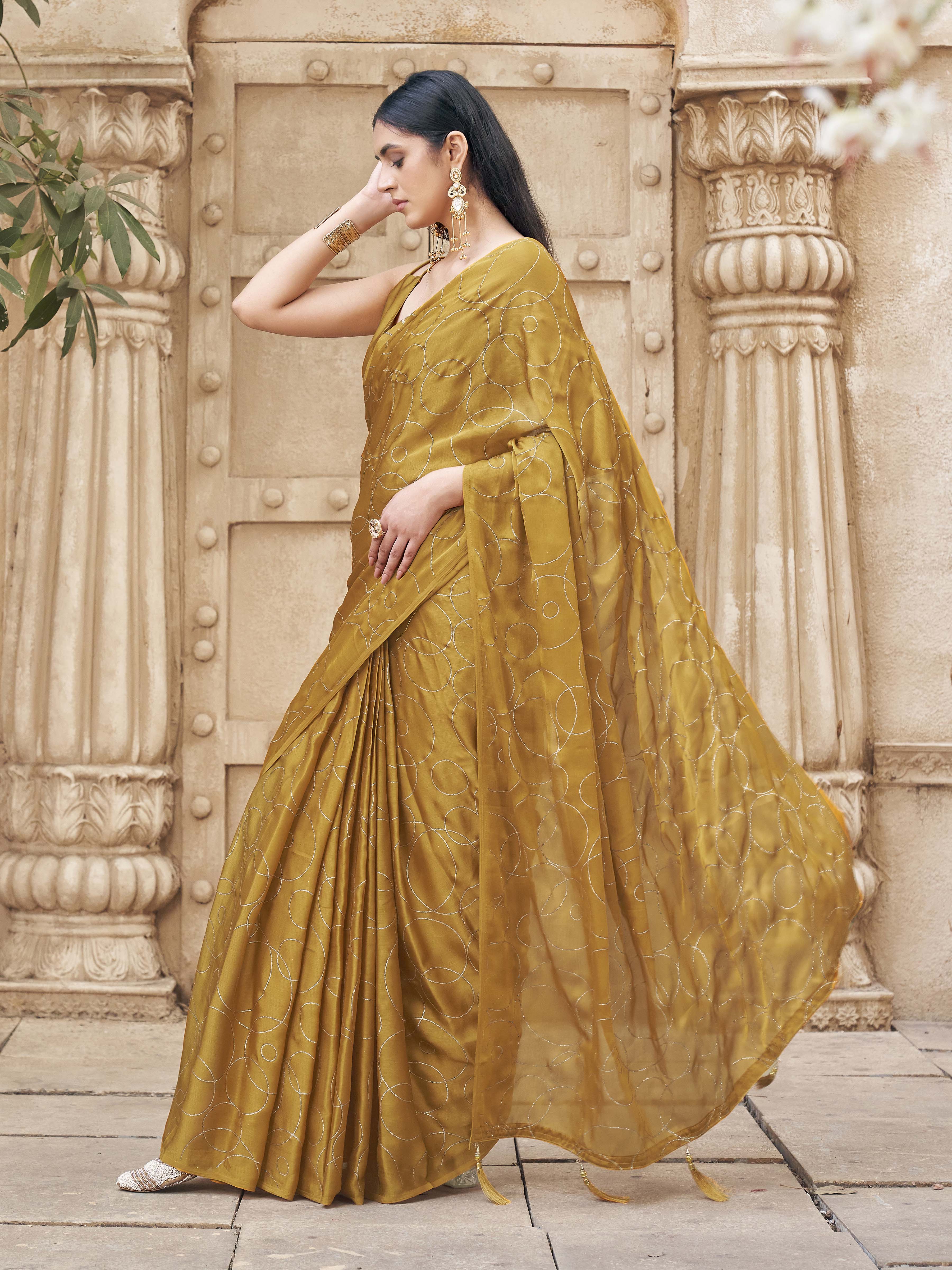 Ready to wear mustard colored satin saree with foil embellishment