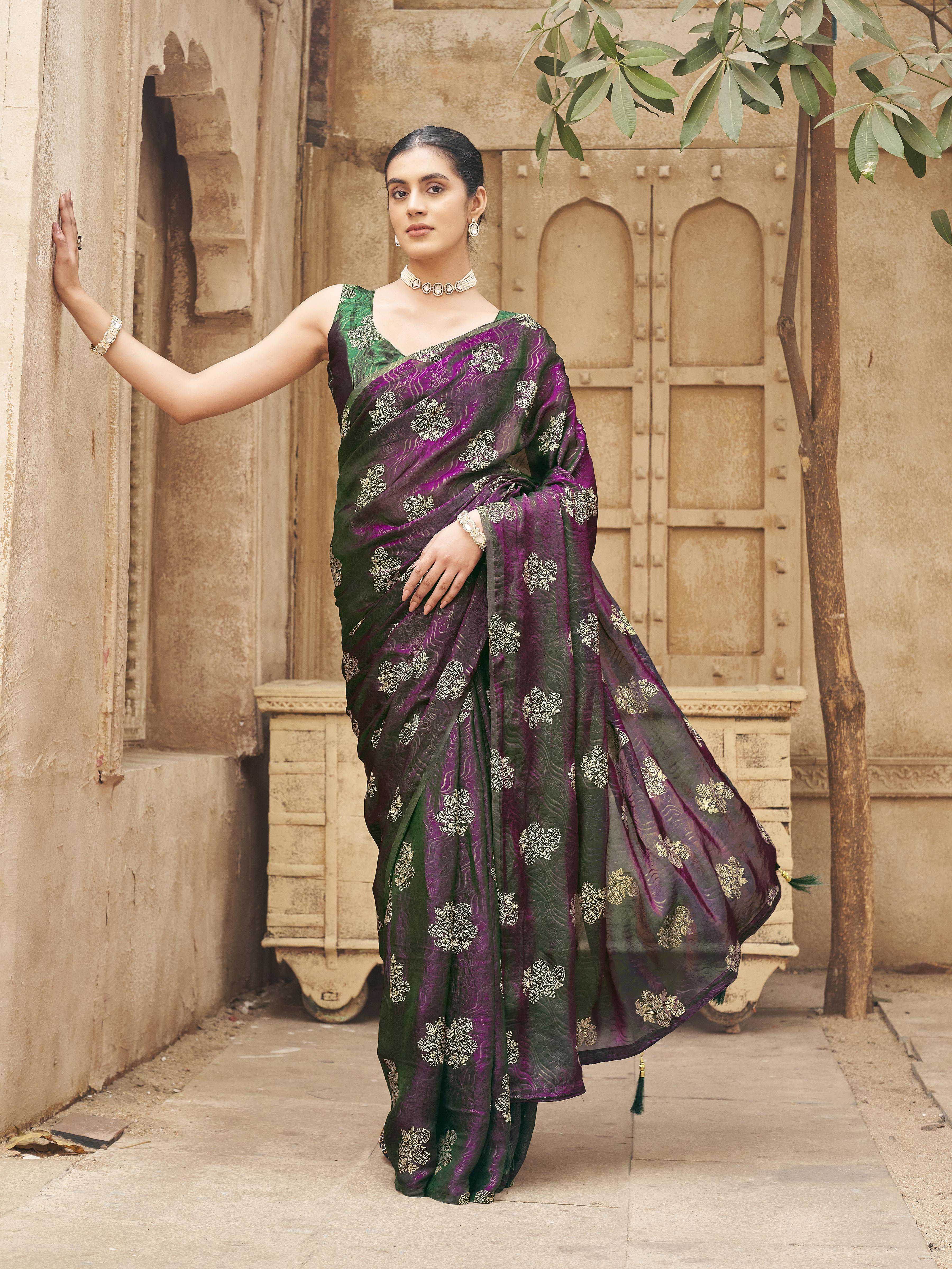 Ready to wear two toned green and burgundy colored foil embellished saree