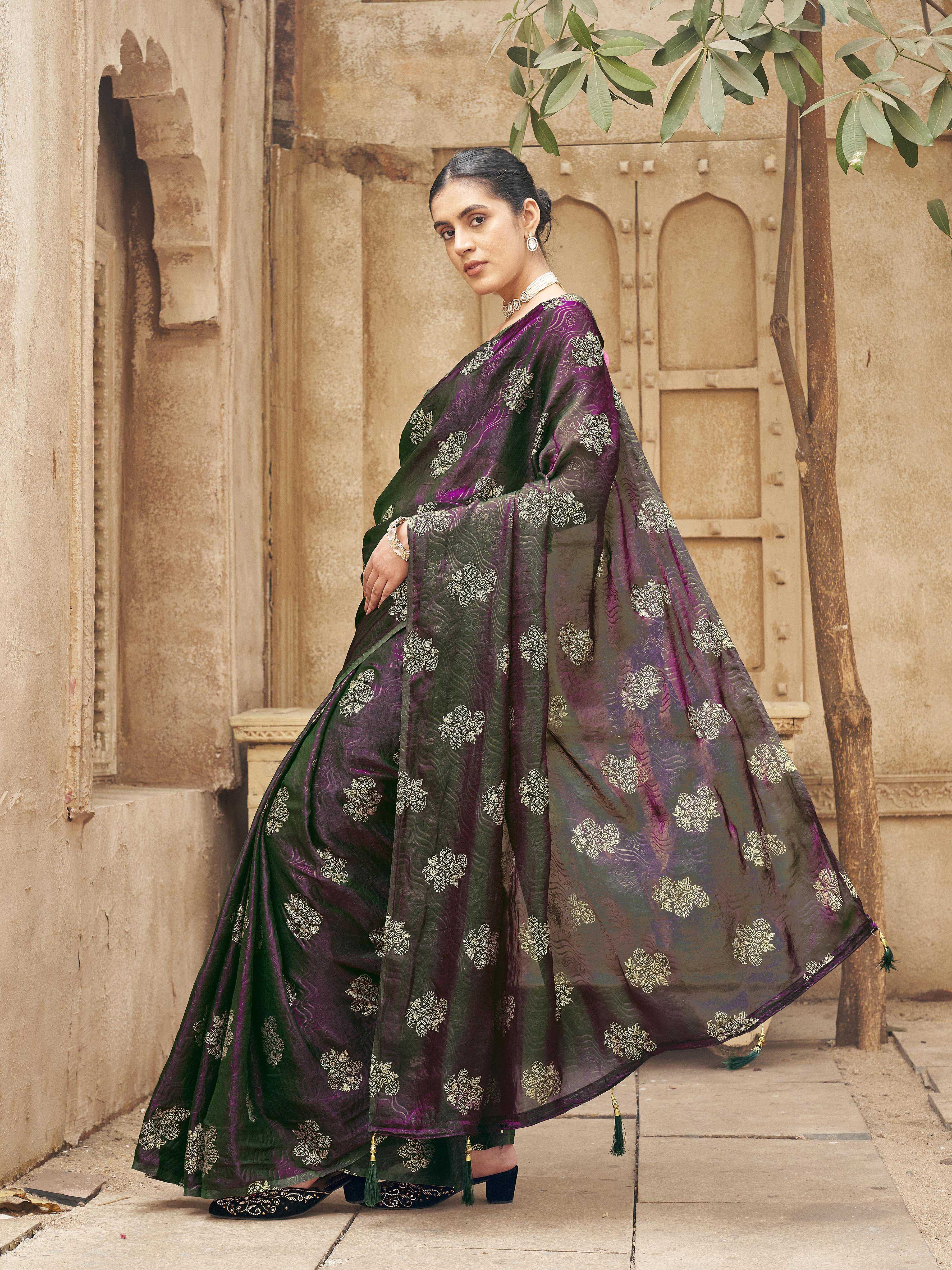 Ready to wear two toned green and burgundy colored foil embellished saree