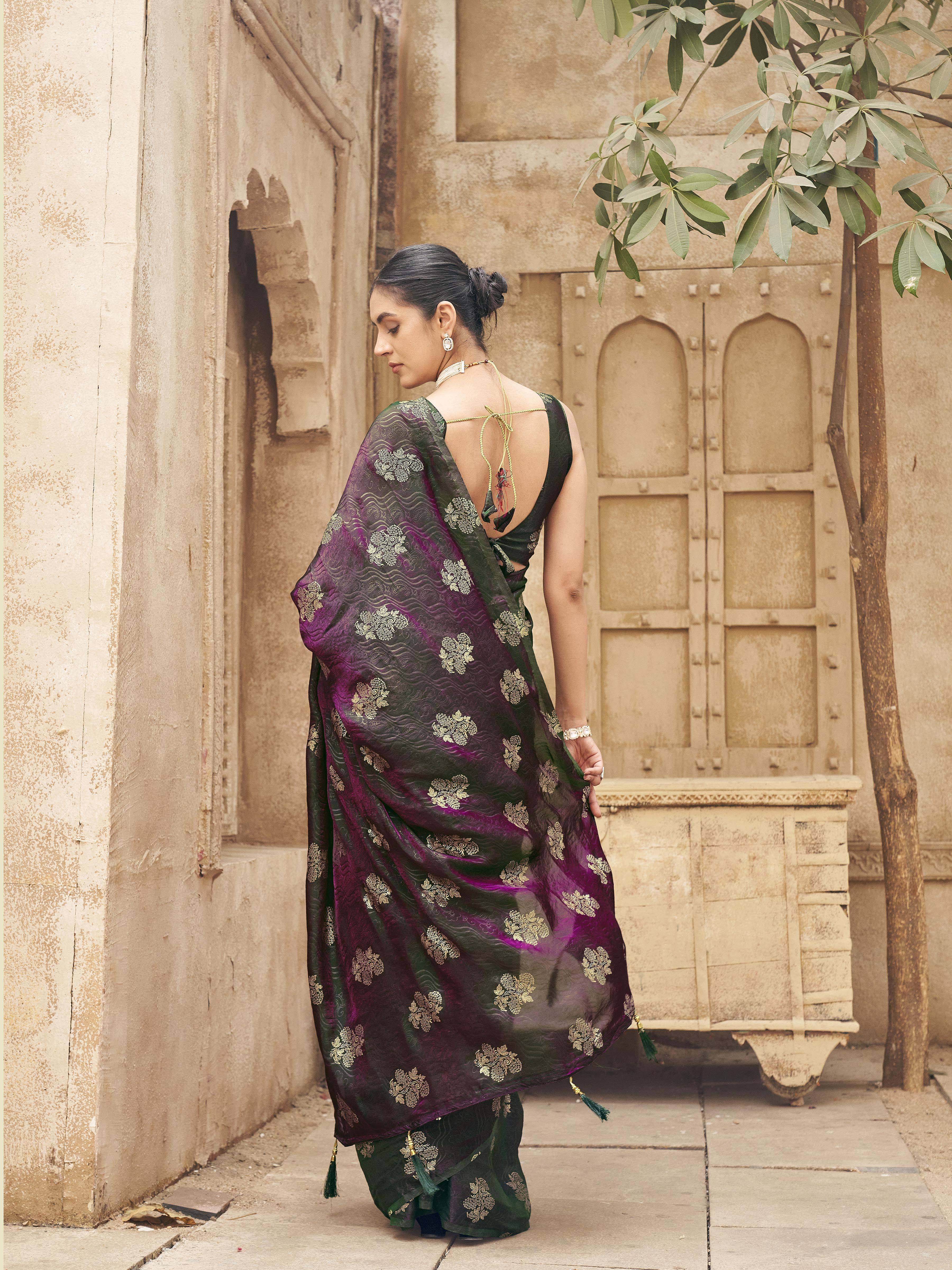 Ready to wear two toned green and burgundy colored foil embellished saree