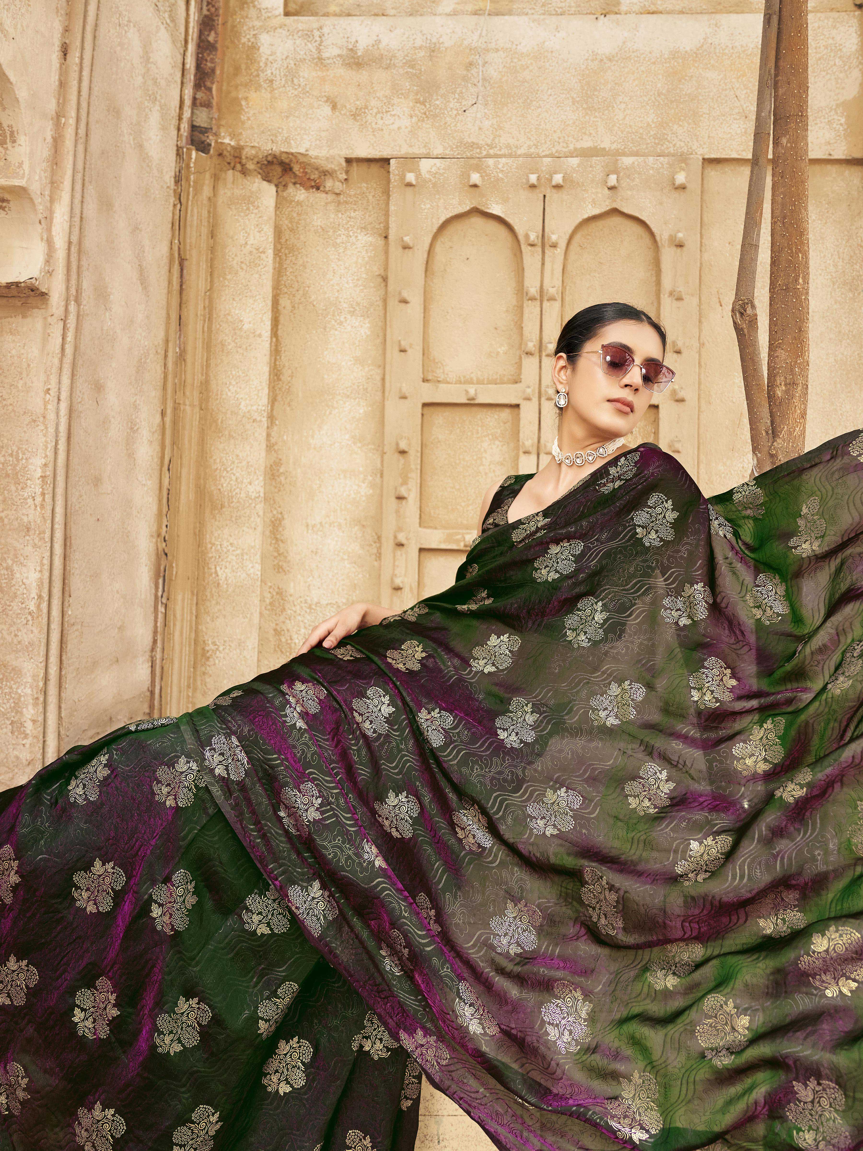Ready to wear two toned green and burgundy colored foil embellished saree