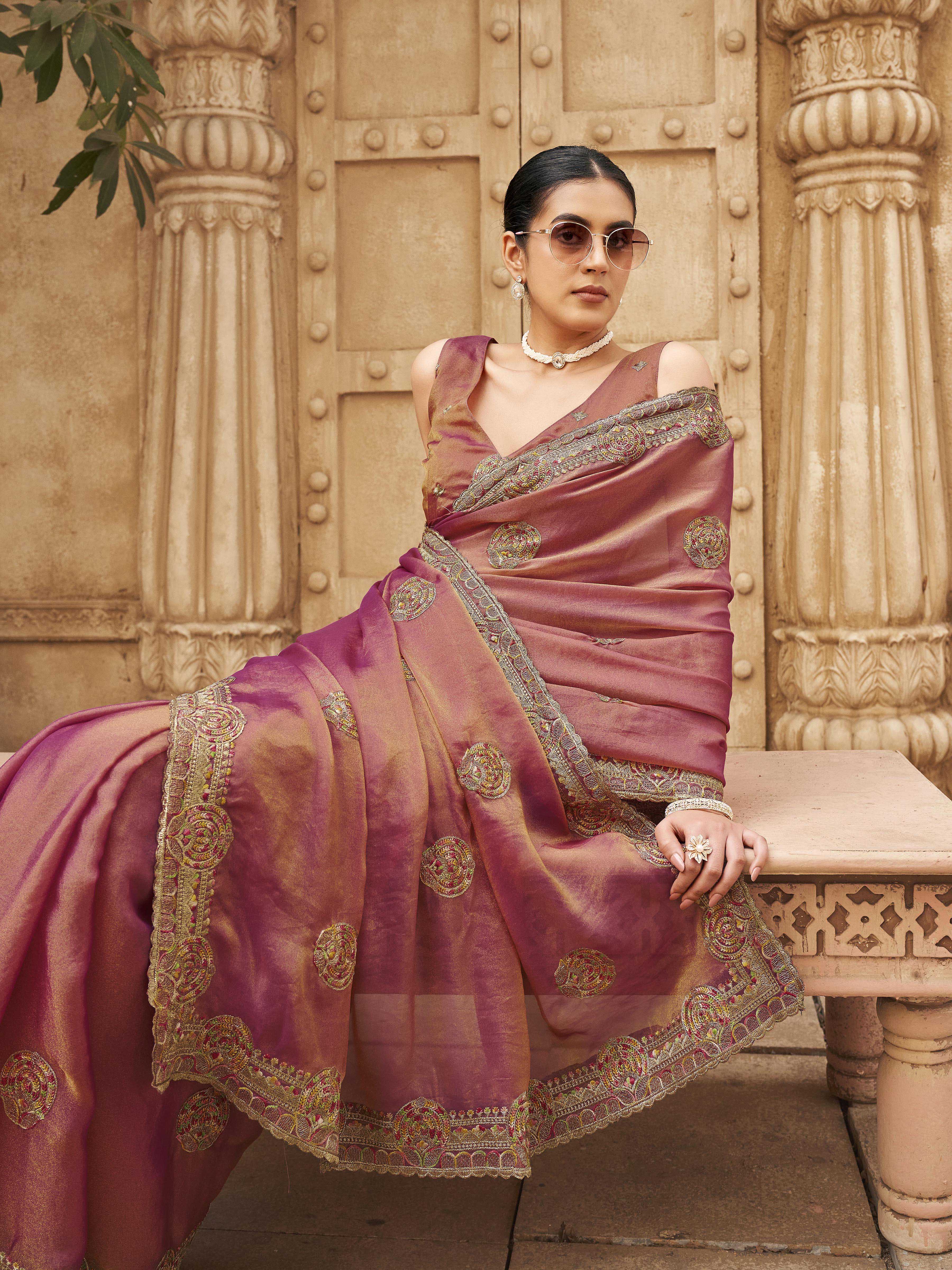 Two tone metallic pink colored embroidered saree