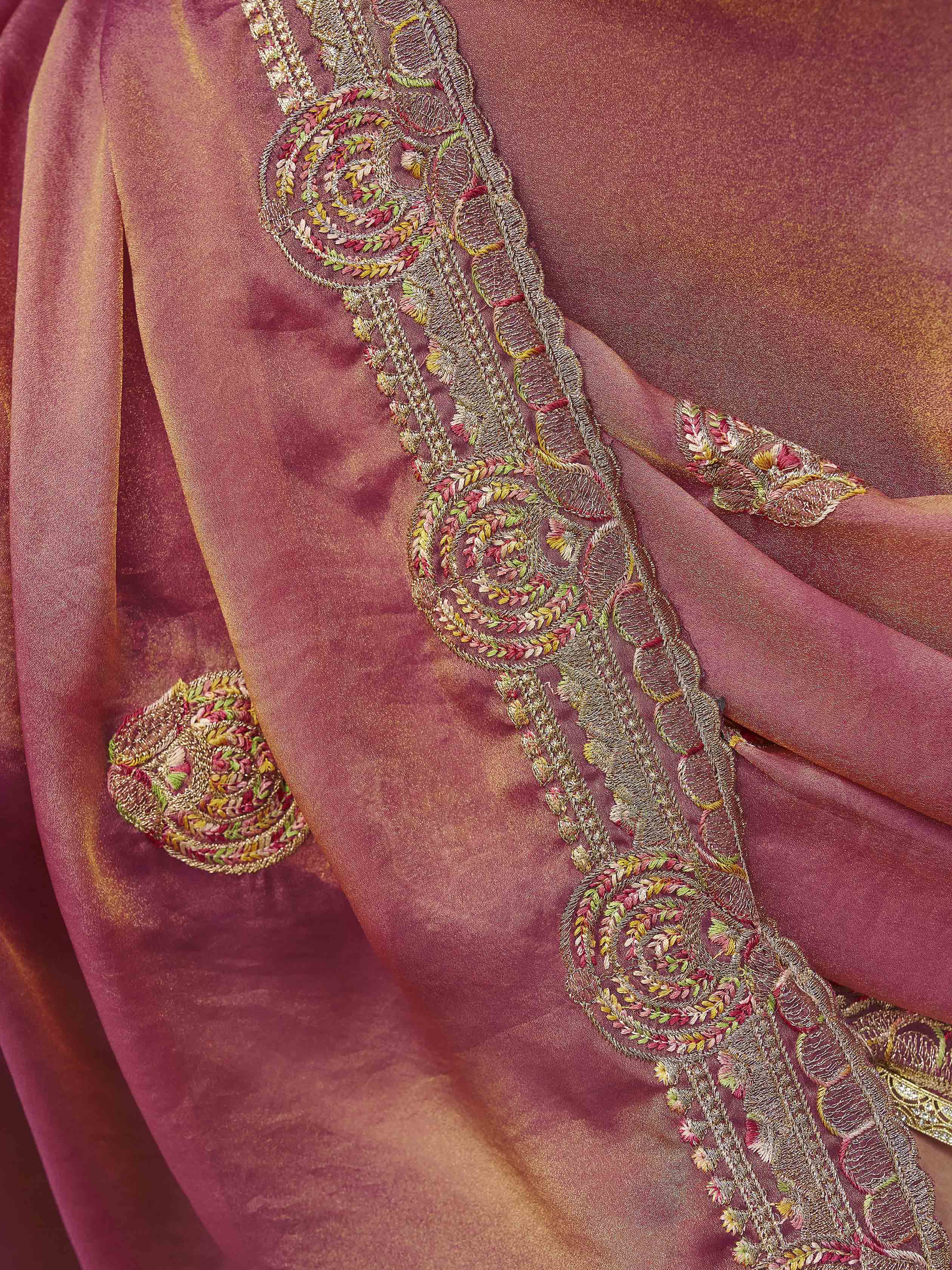 Two tone metallic pink colored embroidered saree