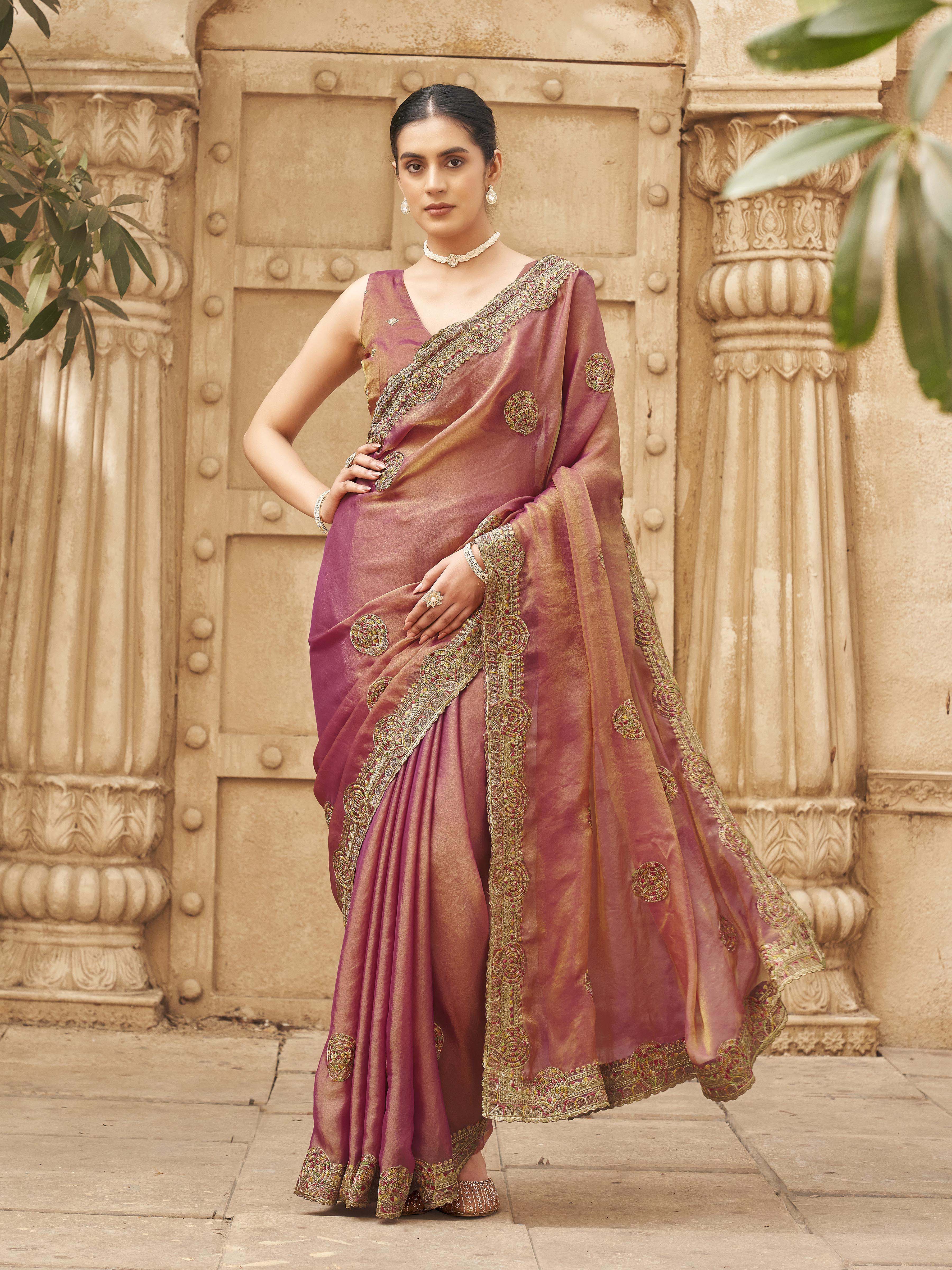 Two tone metallic pink colored embroidered saree