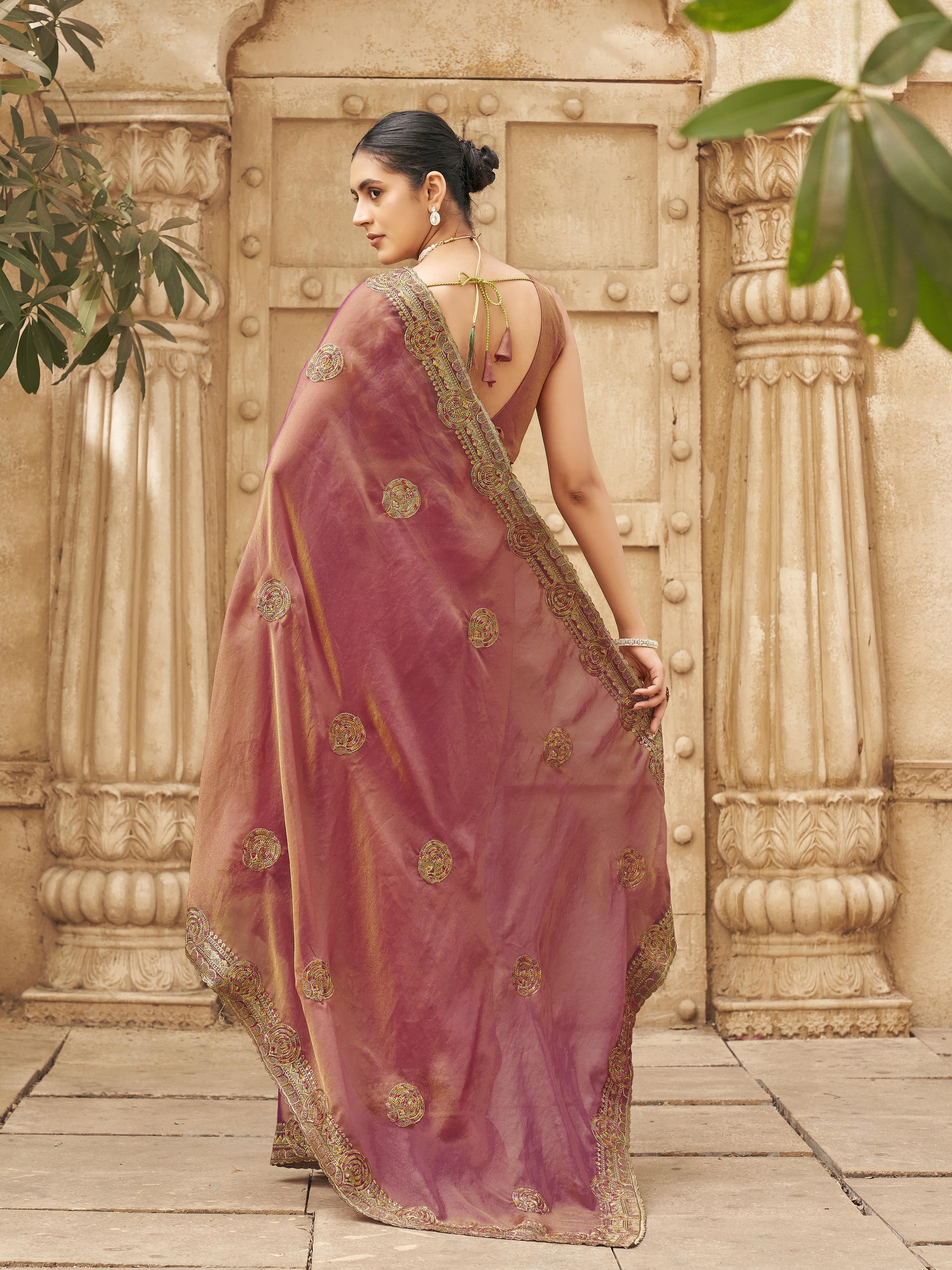 Two tone metallic pink colored embroidered saree