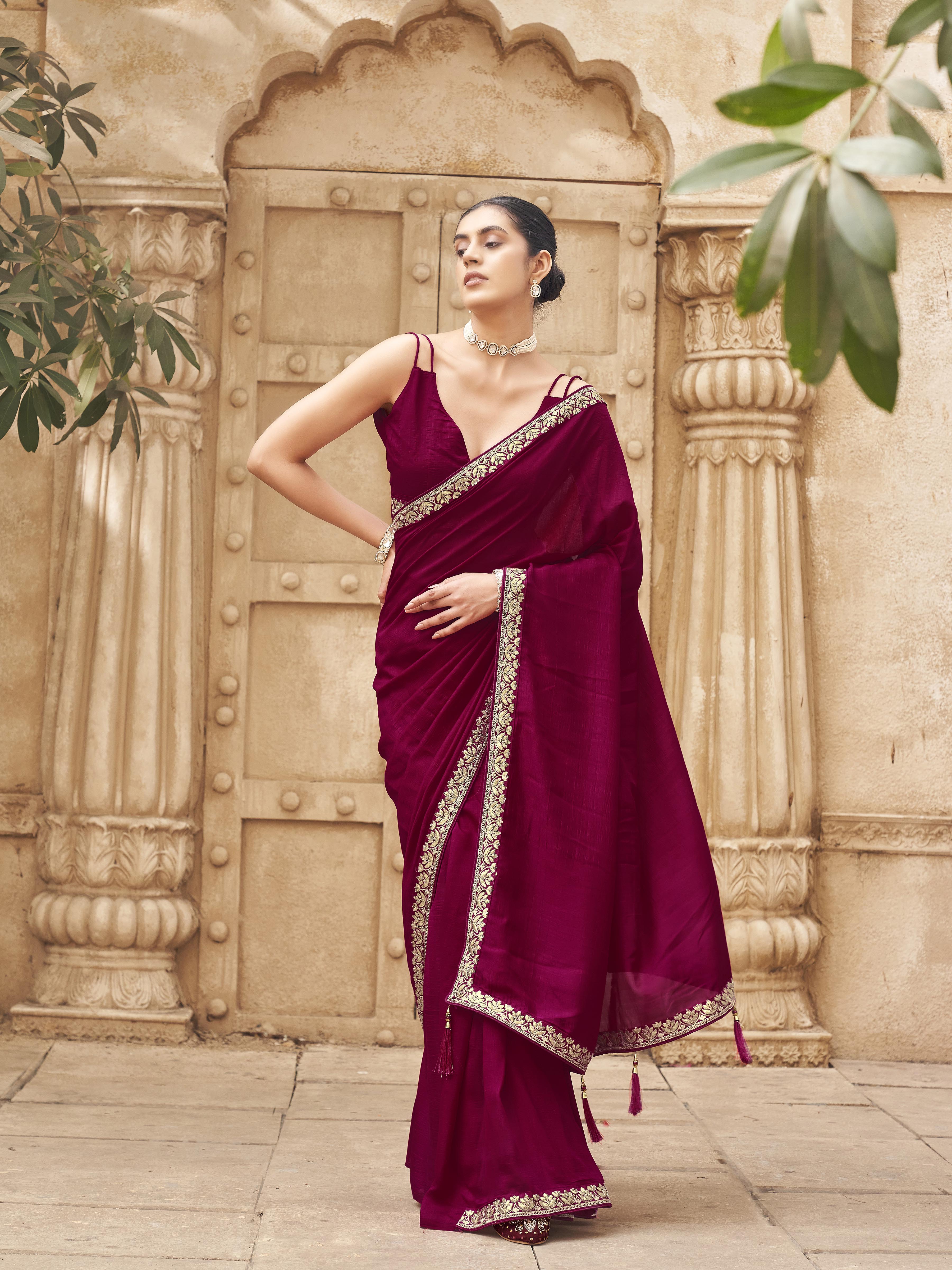 Ready to wear pink colored saree with foil embroiderd border
