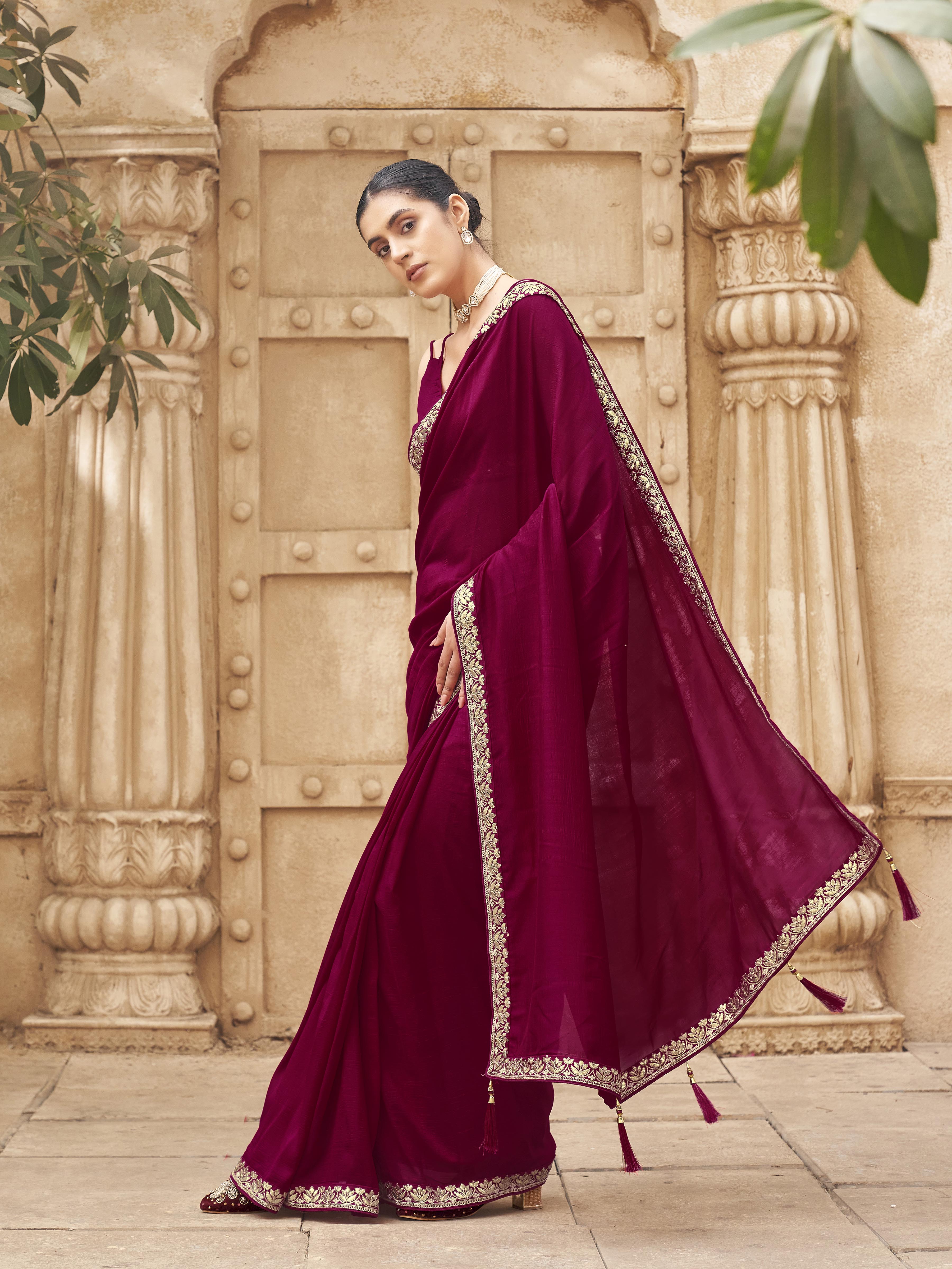 Ready to wear pink colored saree with foil embroiderd border