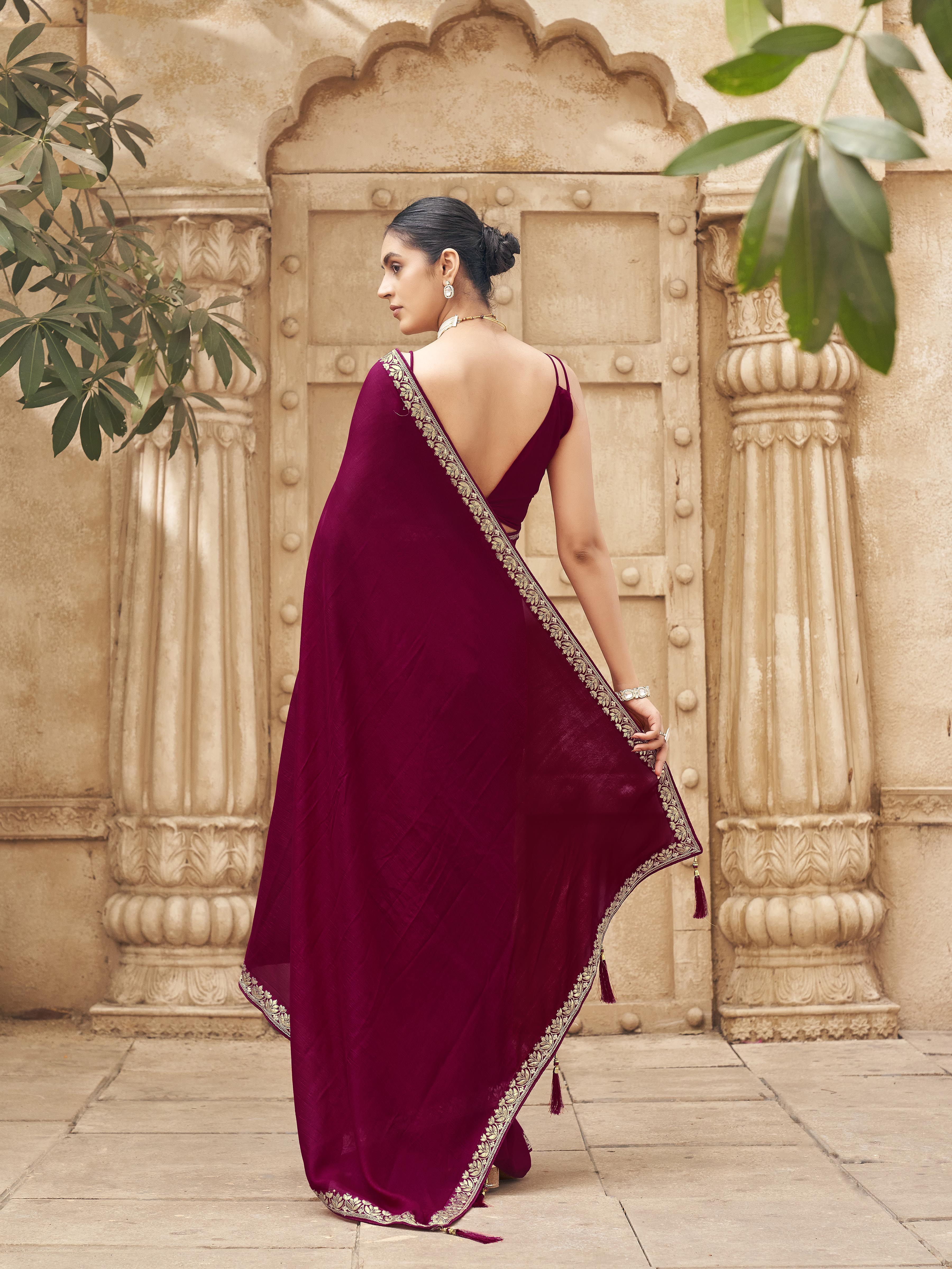 Ready to wear pink colored saree with foil embroiderd border