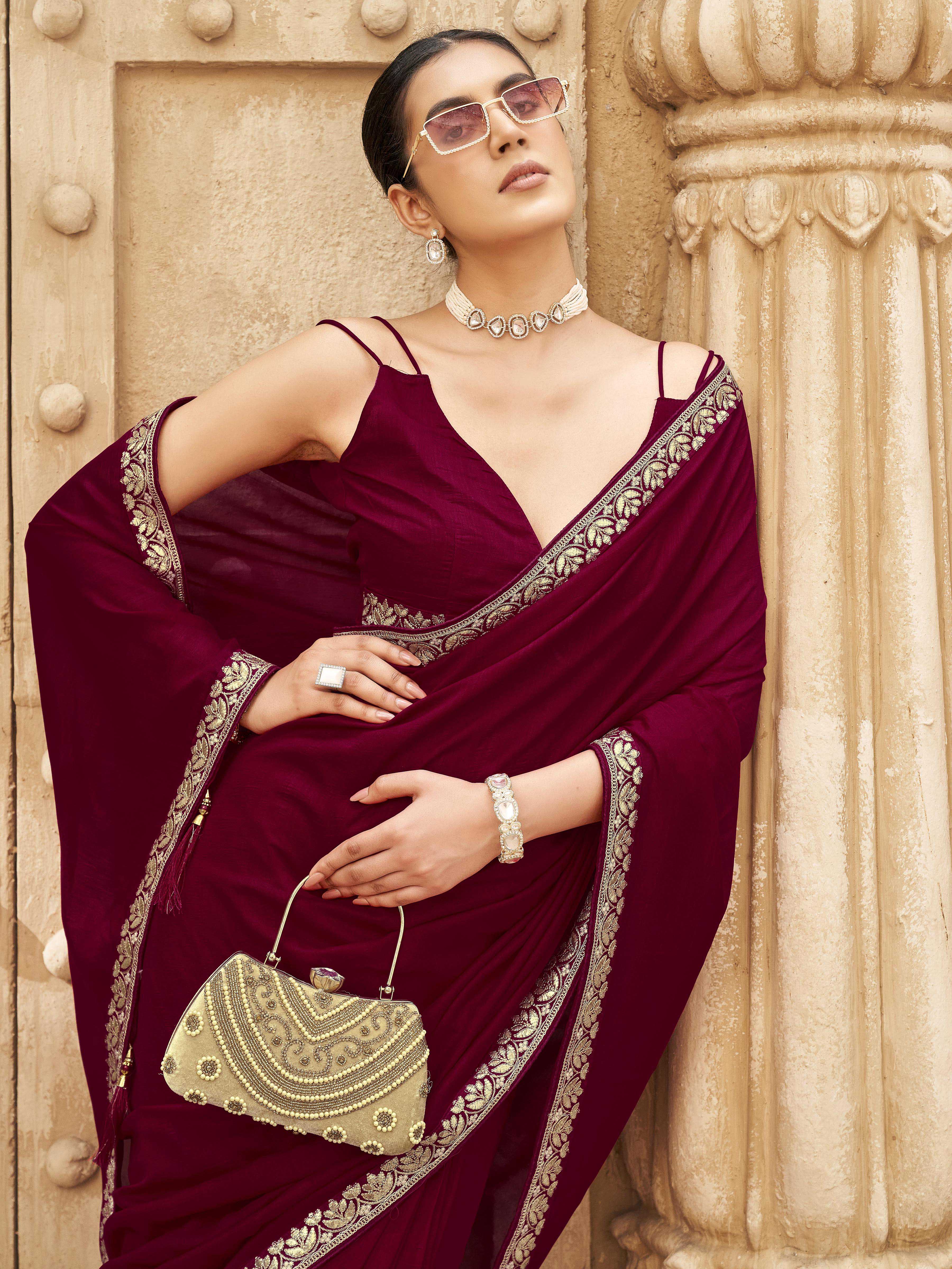 Ready to wear pink colored saree with foil embroiderd border