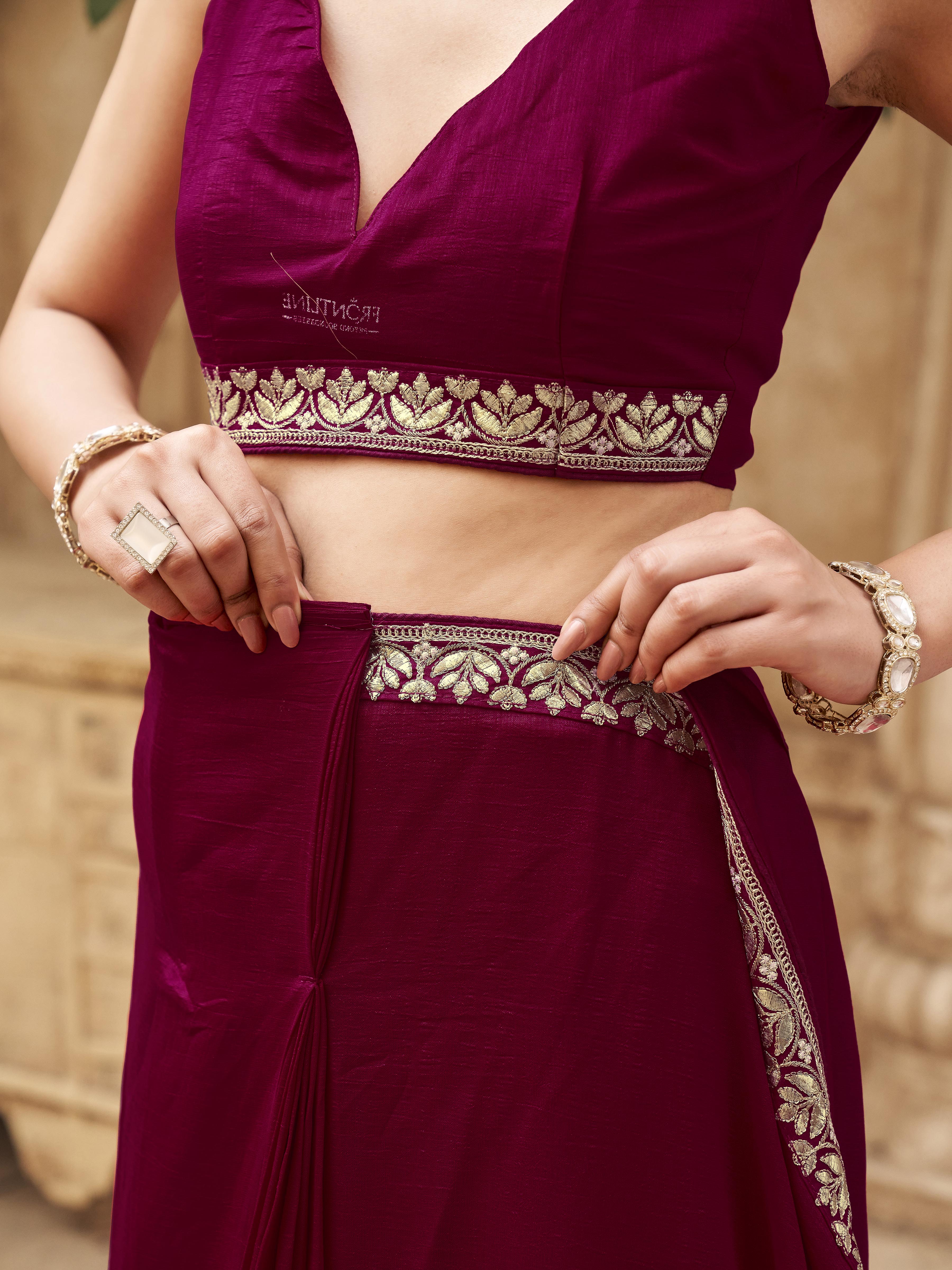 Ready to wear pink colored saree with foil embroiderd border