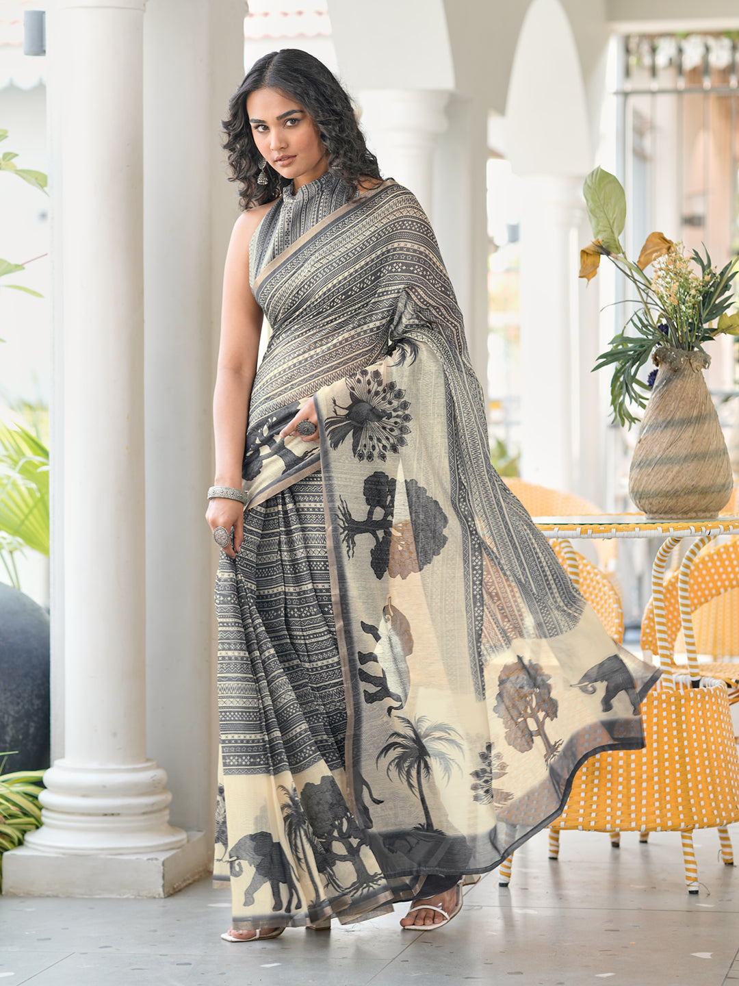 Ready to wear grey colored poly cotton digital printed saree