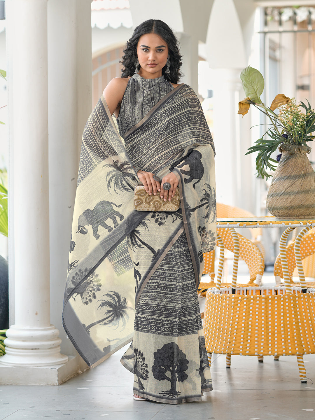 Ready to wear grey colored poly cotton digital printed saree