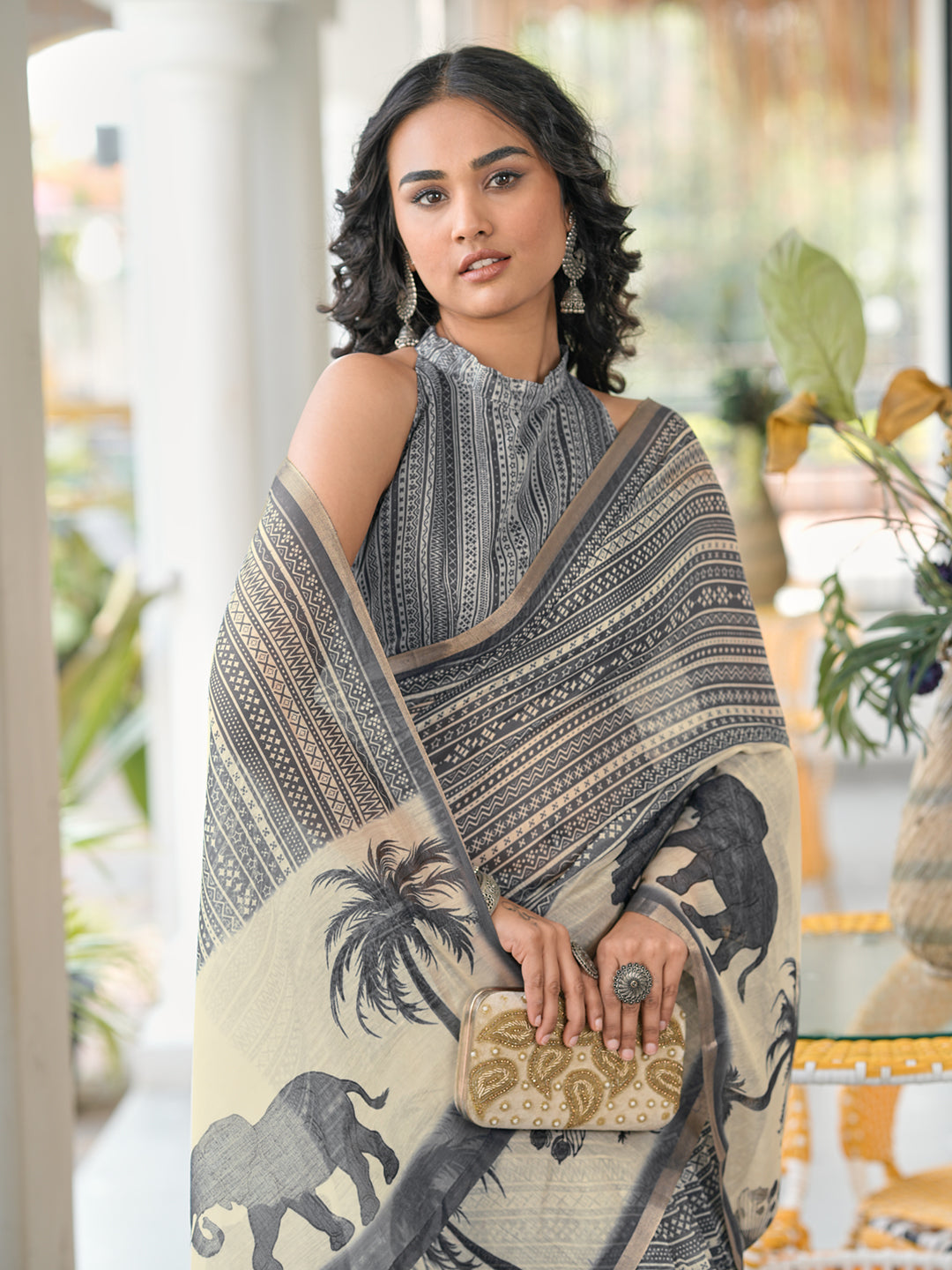 Ready to wear grey colored poly cotton digital printed saree