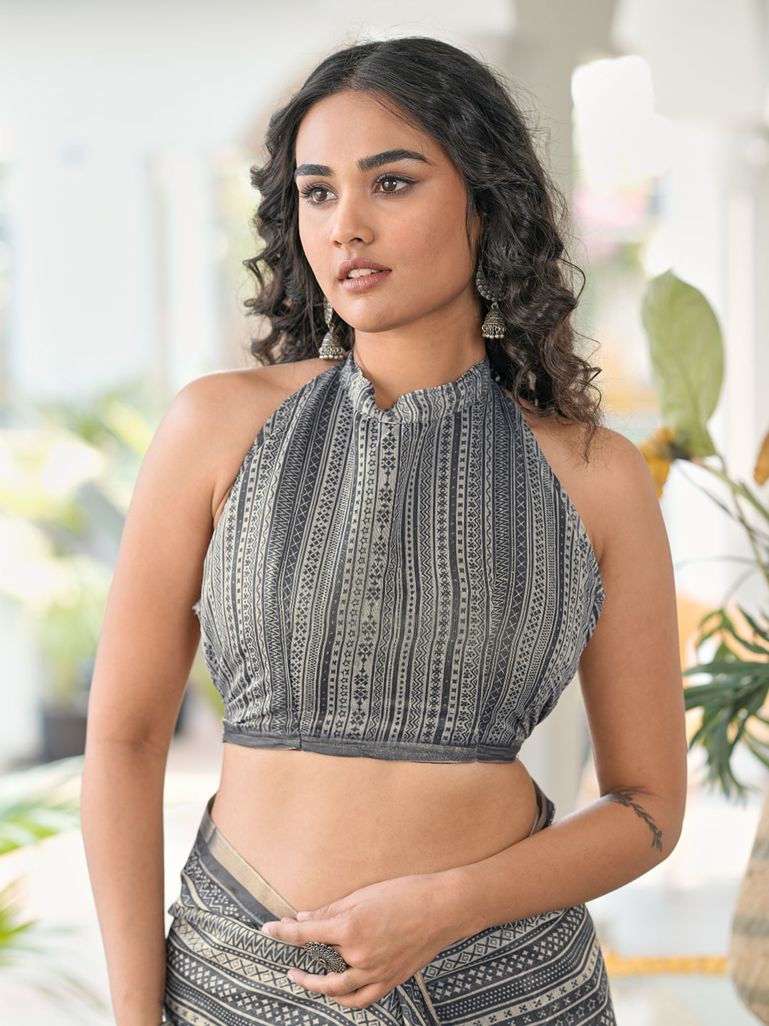 Ready to wear grey colored poly cotton digital printed saree