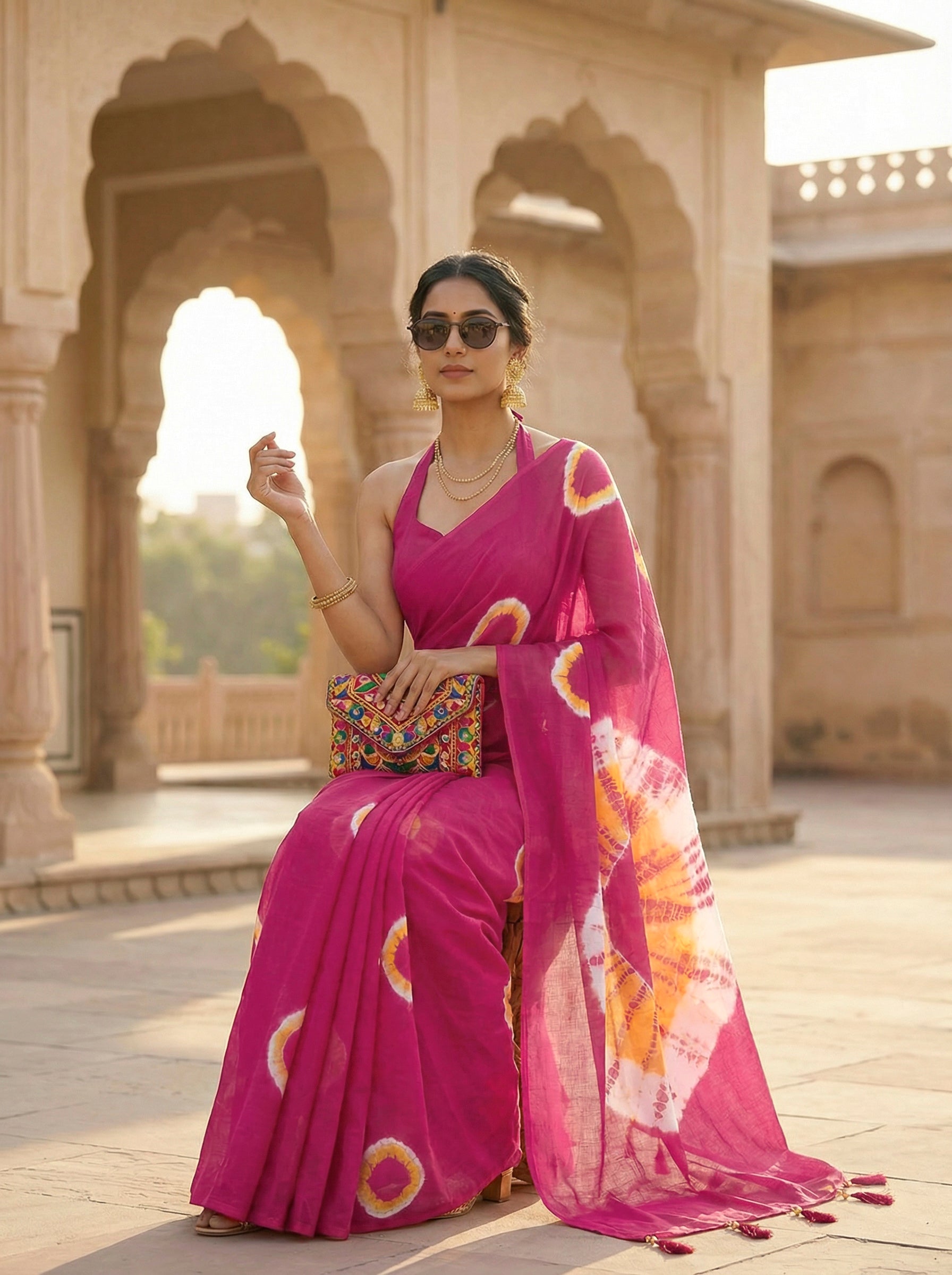 Ready to wear Pink and yellow colored pure jaipuri shibori printed cotton saree