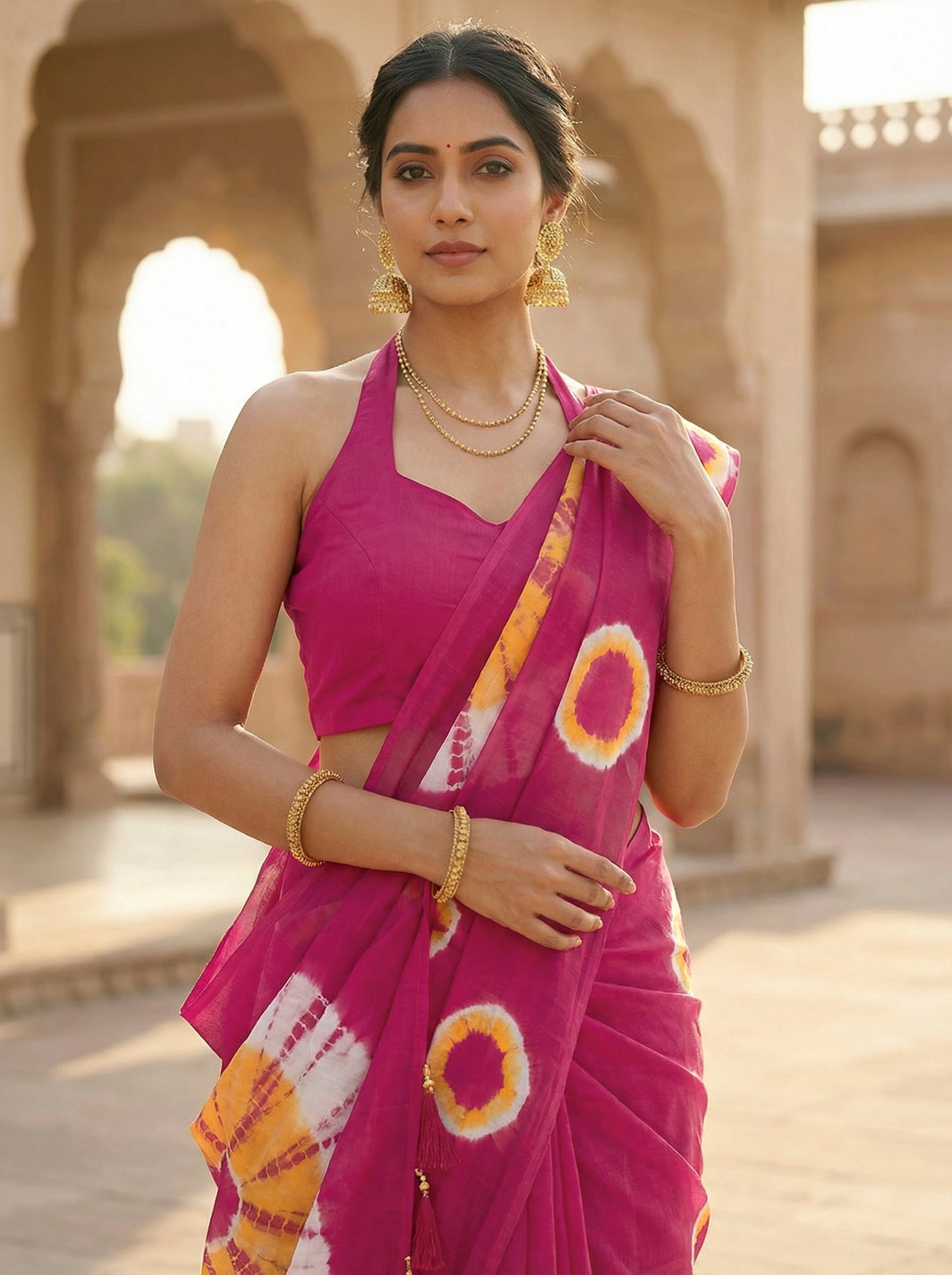 Ready to wear Pink and yellow colored pure jaipuri shibori printed cotton saree